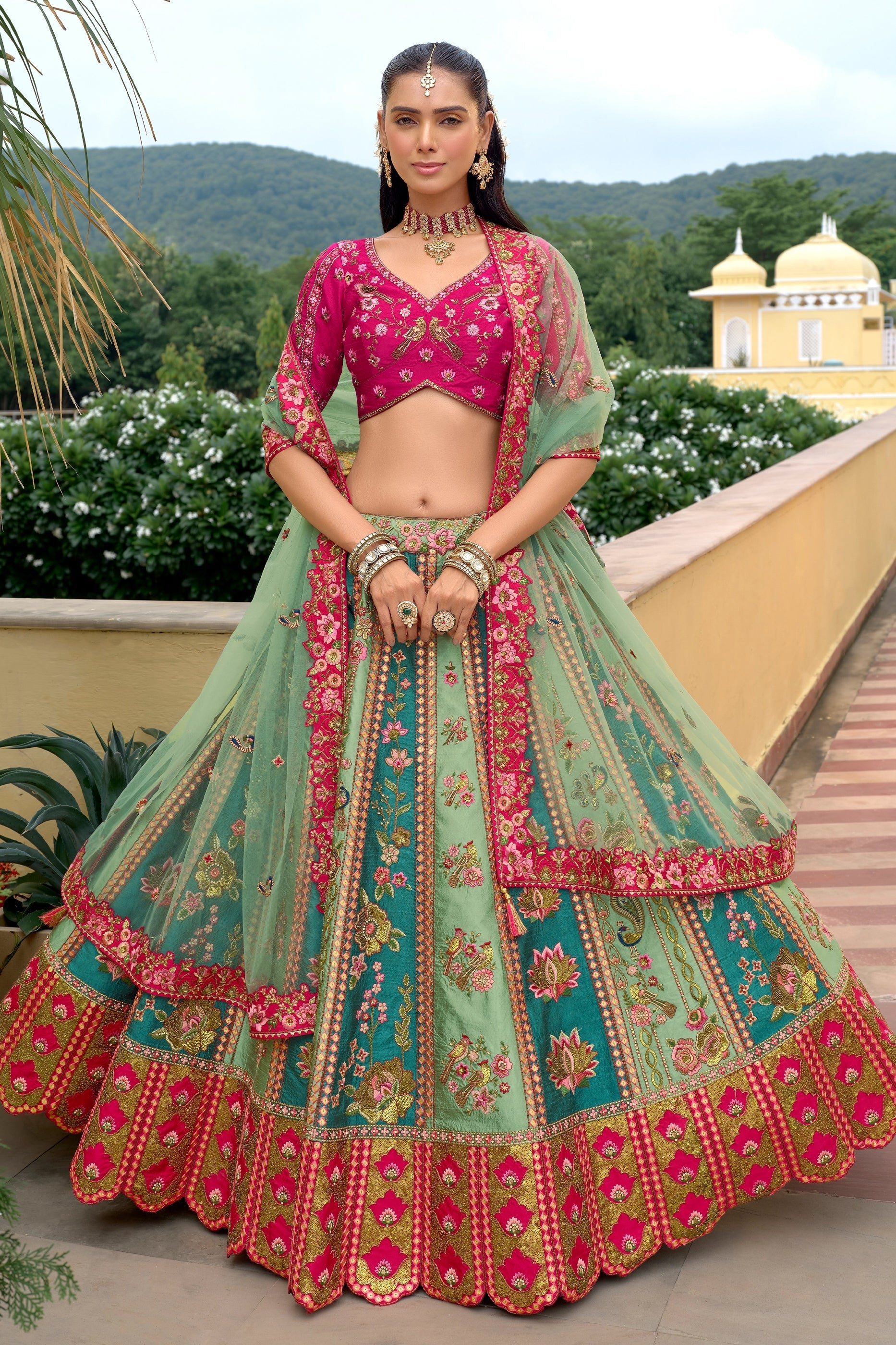 Green And Pink Unstitched Embroidered Silk Lehenga-SAR11032_1_SareeButa.com