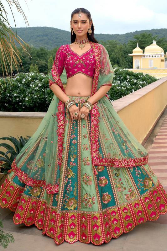 Green And Pink Unstitched Embroidered Silk Lehenga-SAR11032_1_SareeButa.com