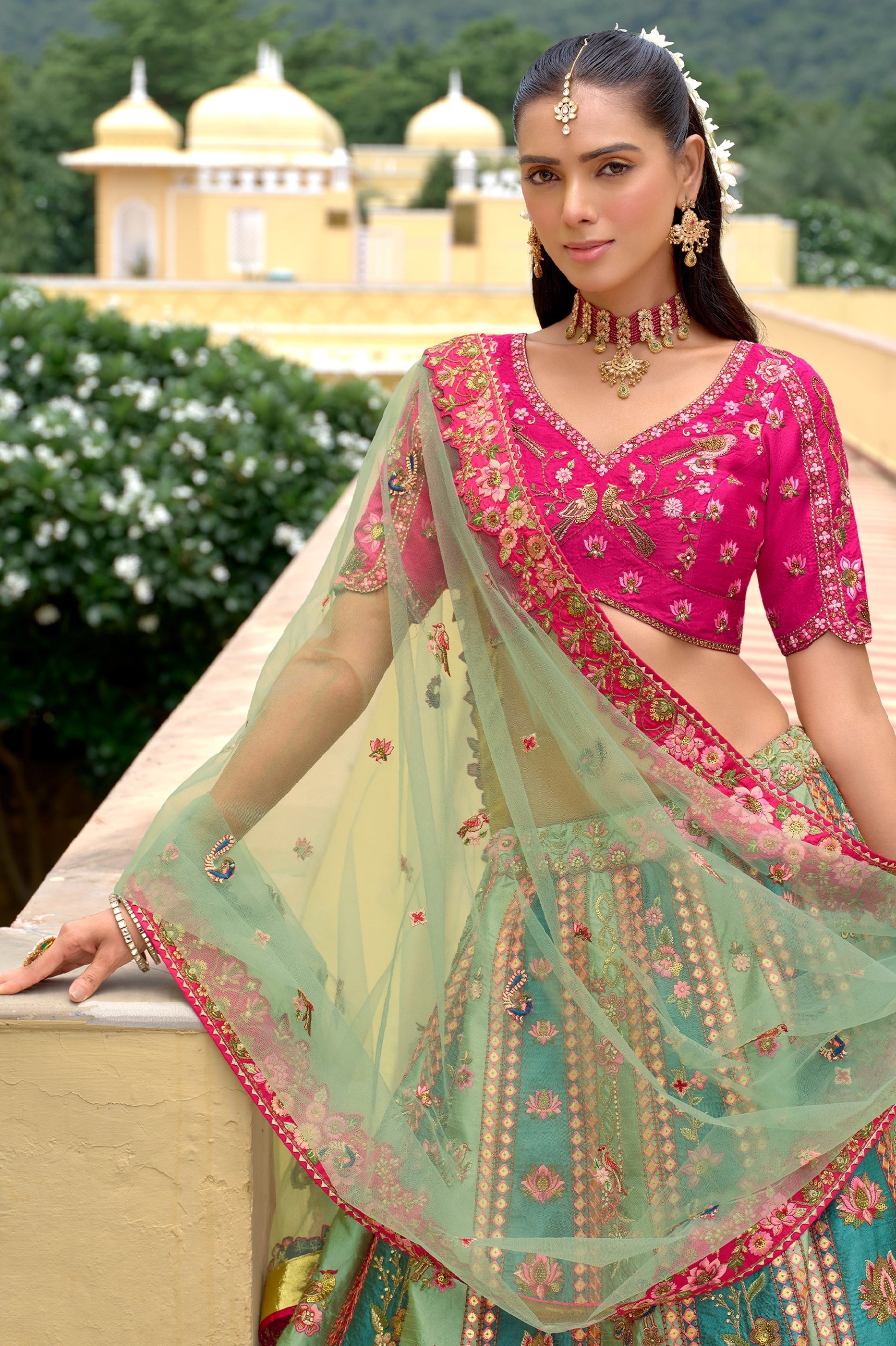 Green And Pink Unstitched Embroidered Silk Lehenga-SAR11032_2_SareeButa.com