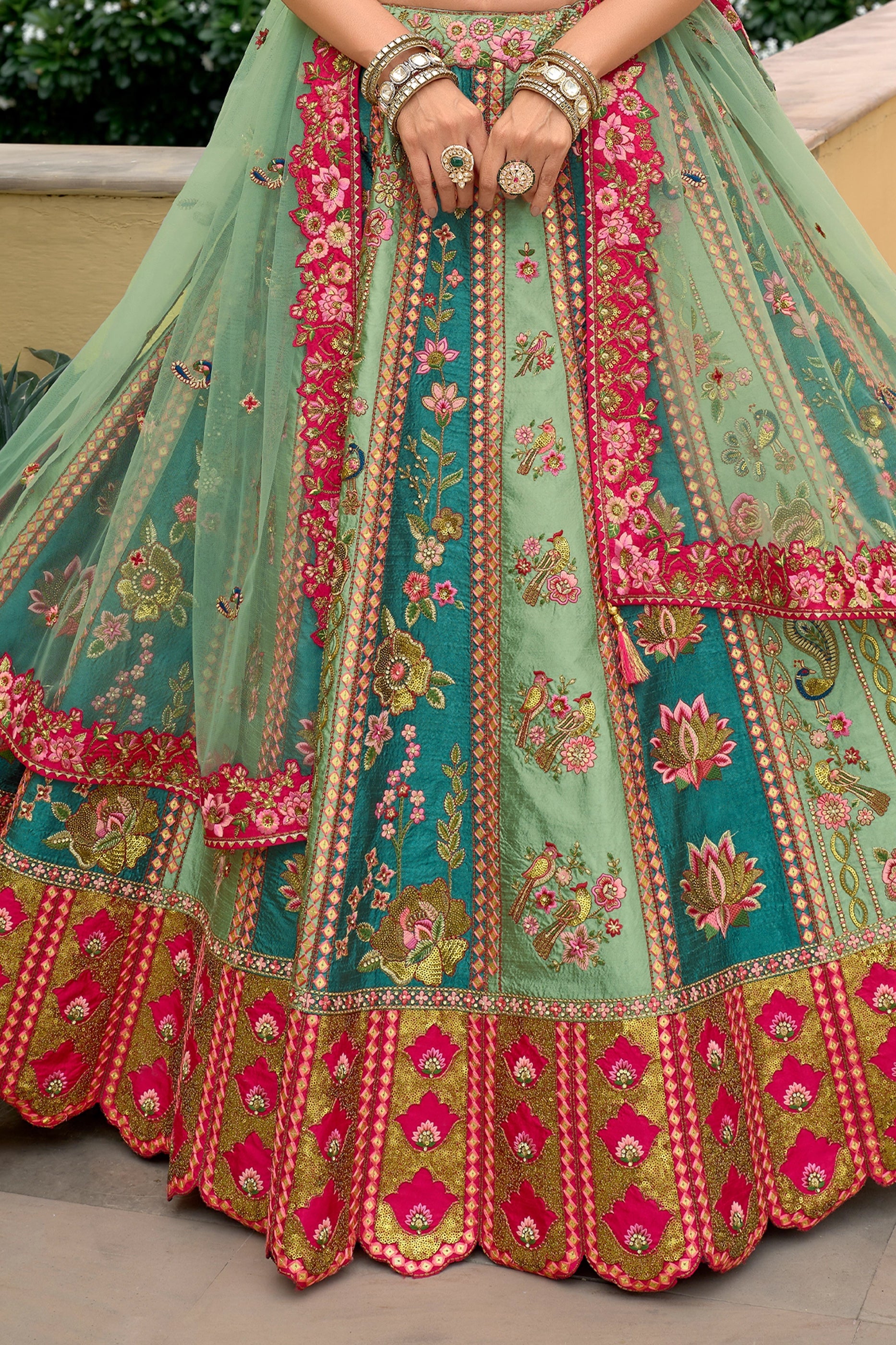 Green And Pink Unstitched Embroidered Silk Lehenga-SAR11032_4_SareeButa.com