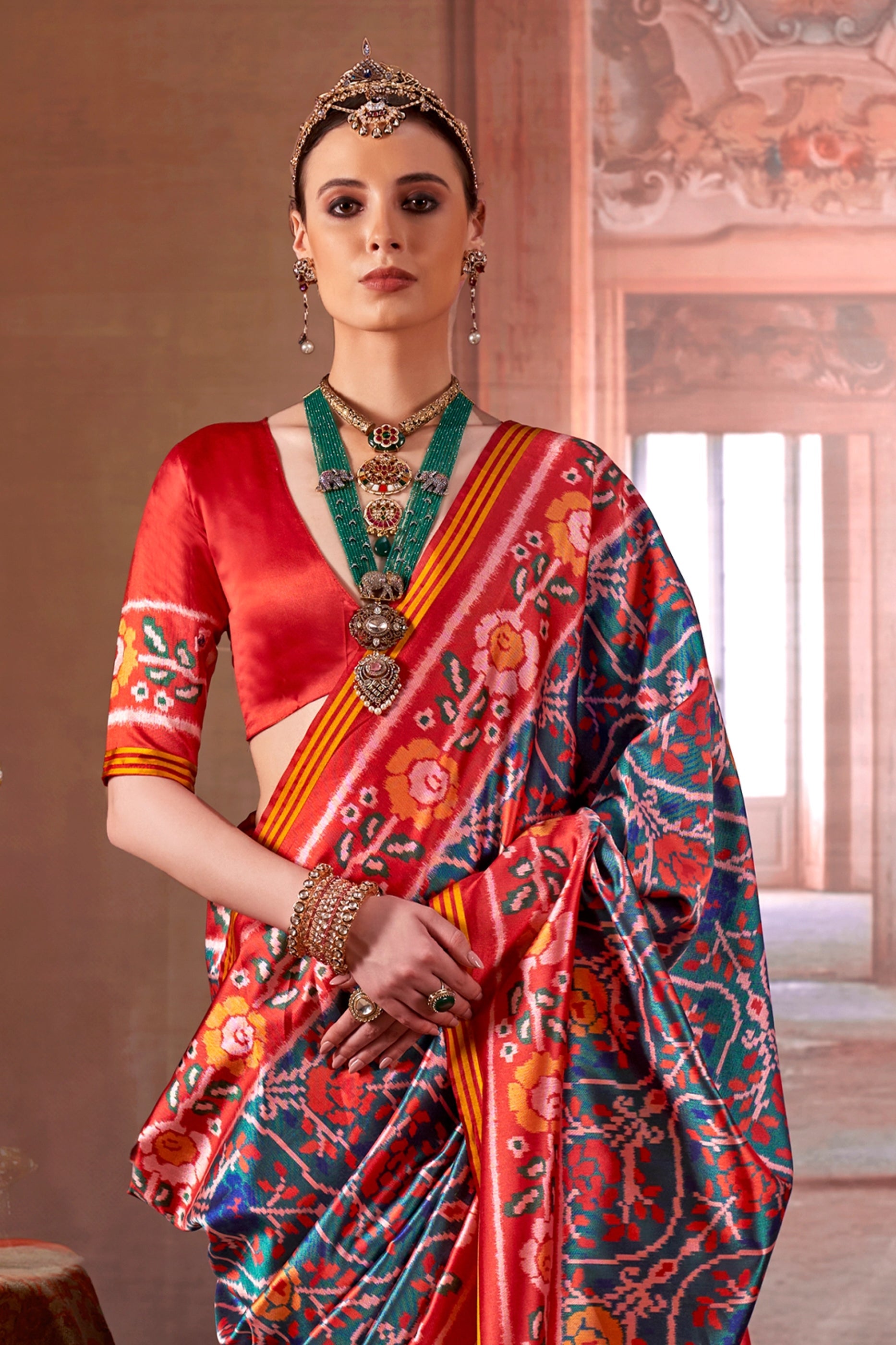 Green And Red Printed Patola Silk Saree-SAR11368_3_SareeButa.com