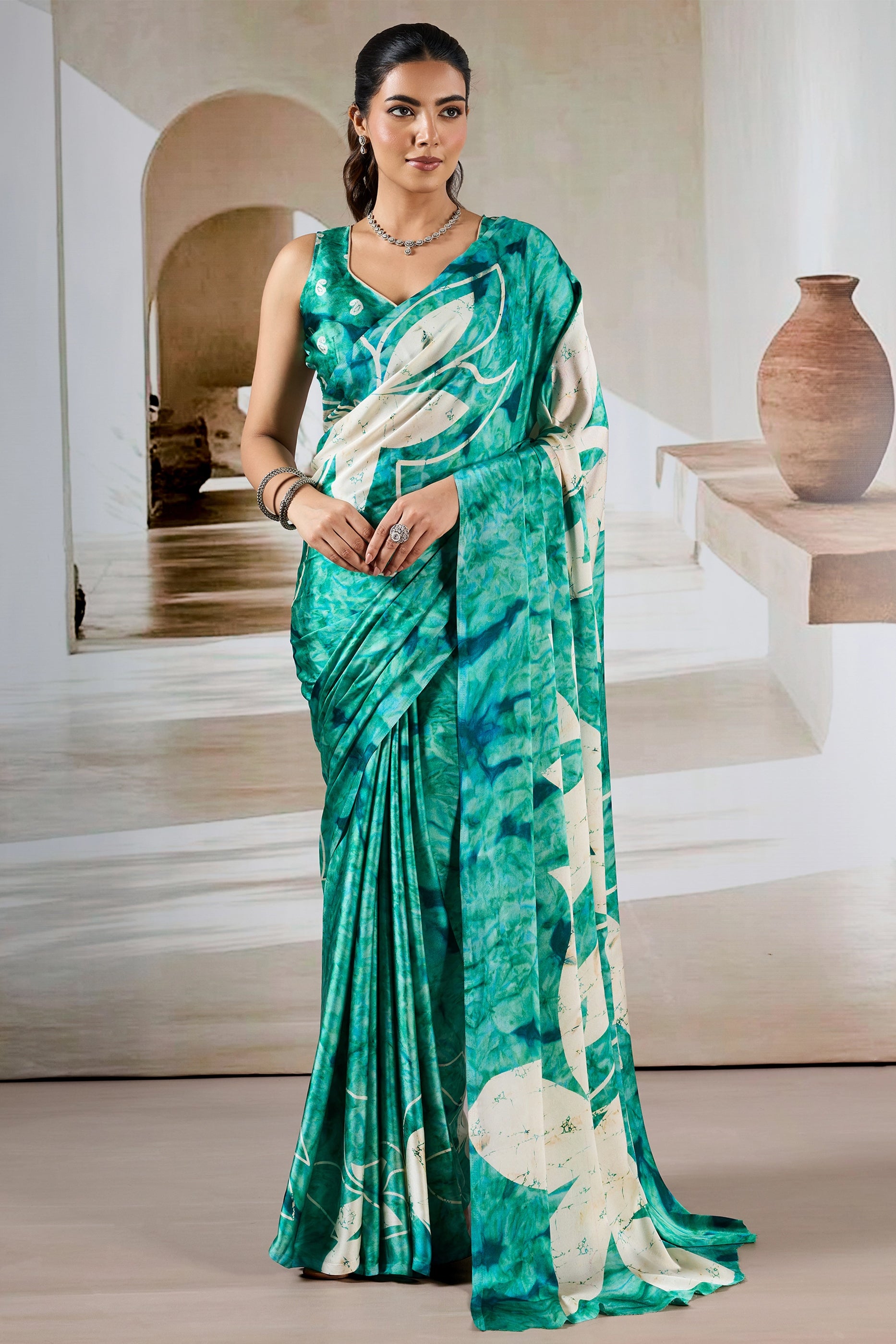 Green And White Ajrakh Print Satin Saree-SAR11904_1_SareeButa.com