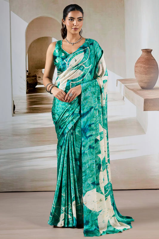 Green And White Ajrakh Print Satin Saree-SAR11904_1_SareeButa.com