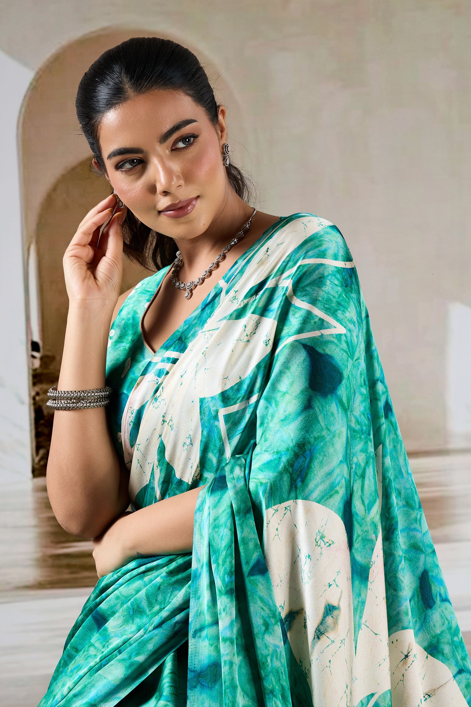 Green And White Ajrakh Print Satin Saree-SAR11904_2_SareeButa.com
