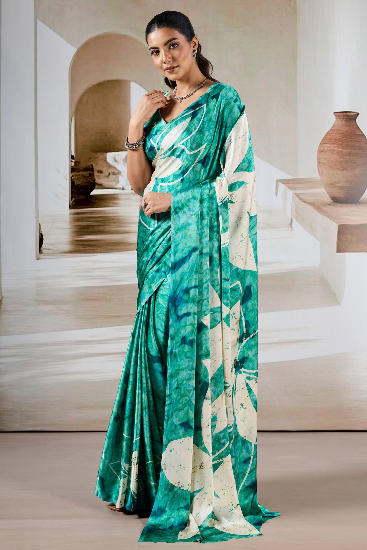 Green And White Ajrakh Print Satin Saree-SAR11904_3_SareeButa.com