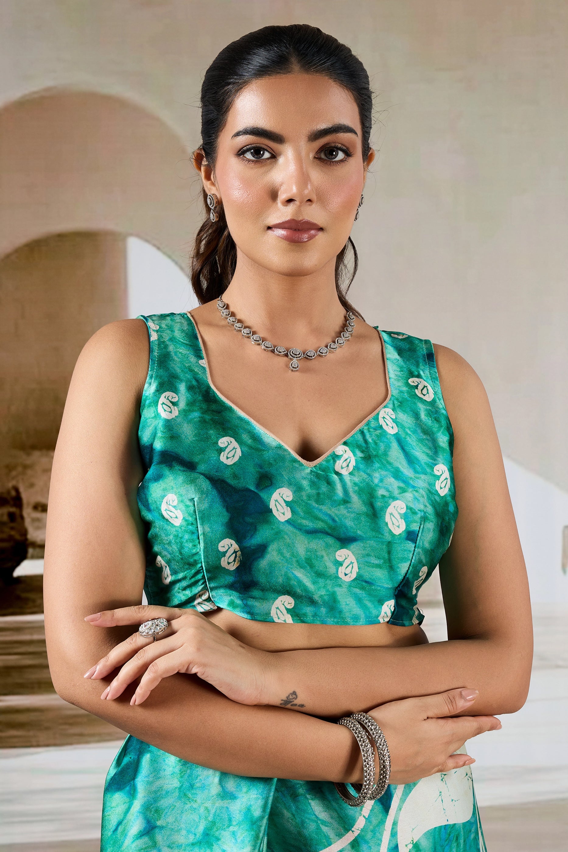 Green And White Ajrakh Print Satin Saree-SAR11904_4_SareeButa.com