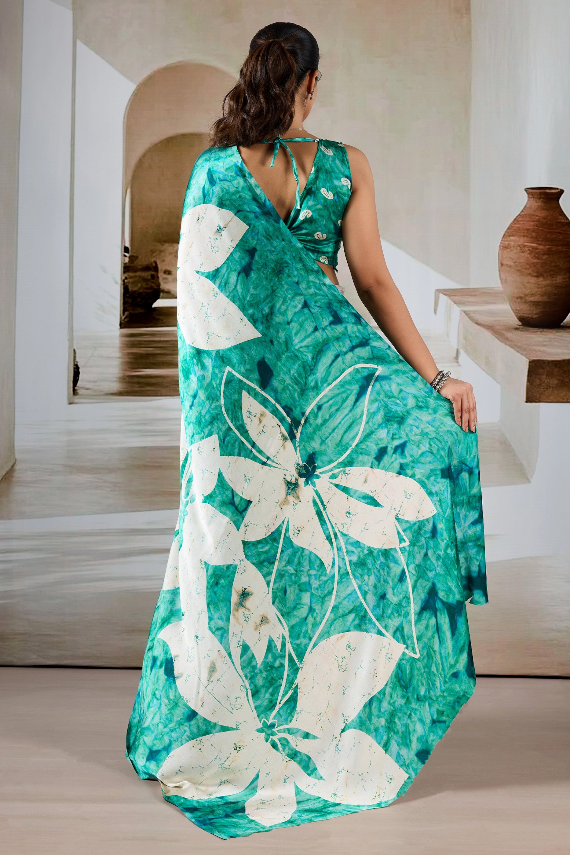 Green And White Ajrakh Print Satin Saree-SAR11904_5_SareeButa.com