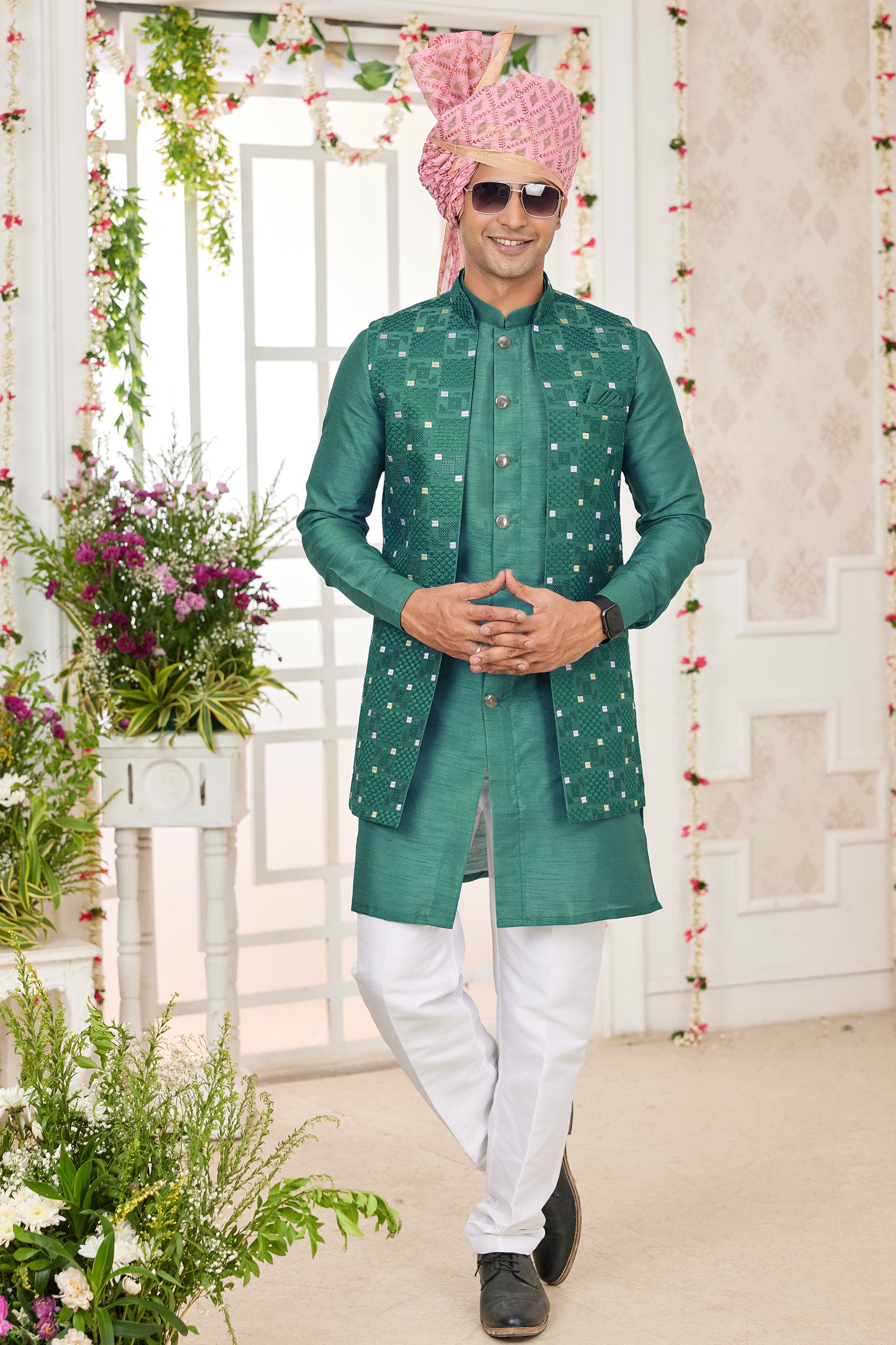 Green Banarasi Silk Kurta Pajama With Jacket-SAR11405_1_SareeButa.com