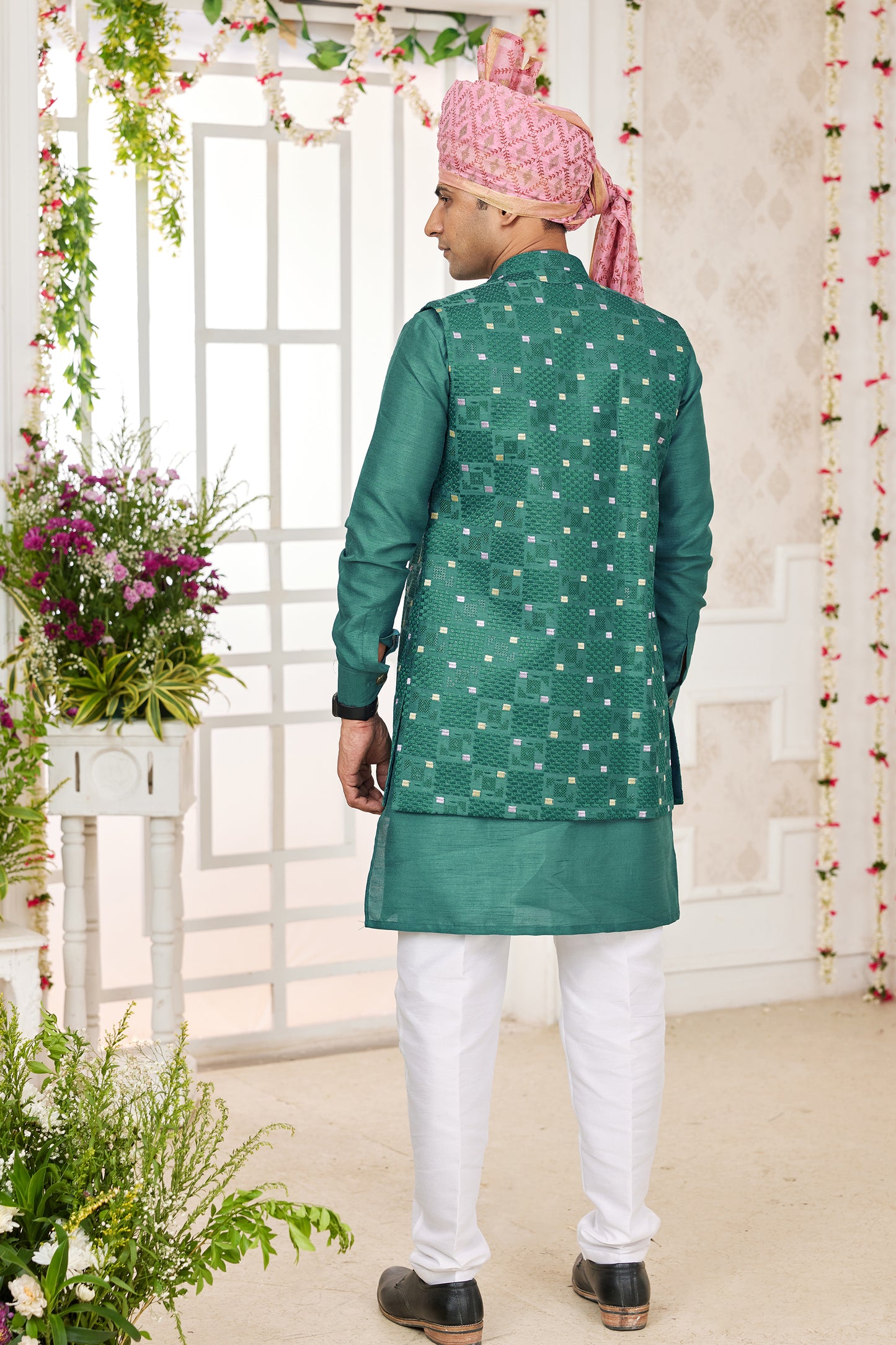 Green Banarasi Silk Kurta Pajama With Jacket-SAR11405_2_SareeButa.com