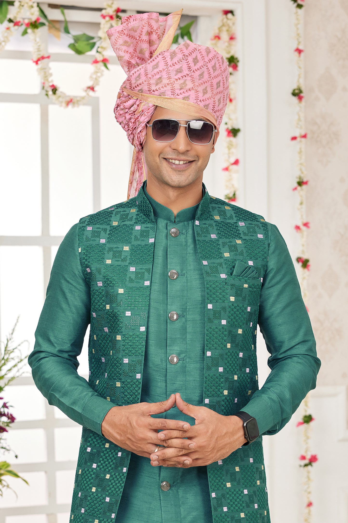 Green Banarasi Silk Kurta Pajama With Jacket-SAR11405_3_SareeButa.com