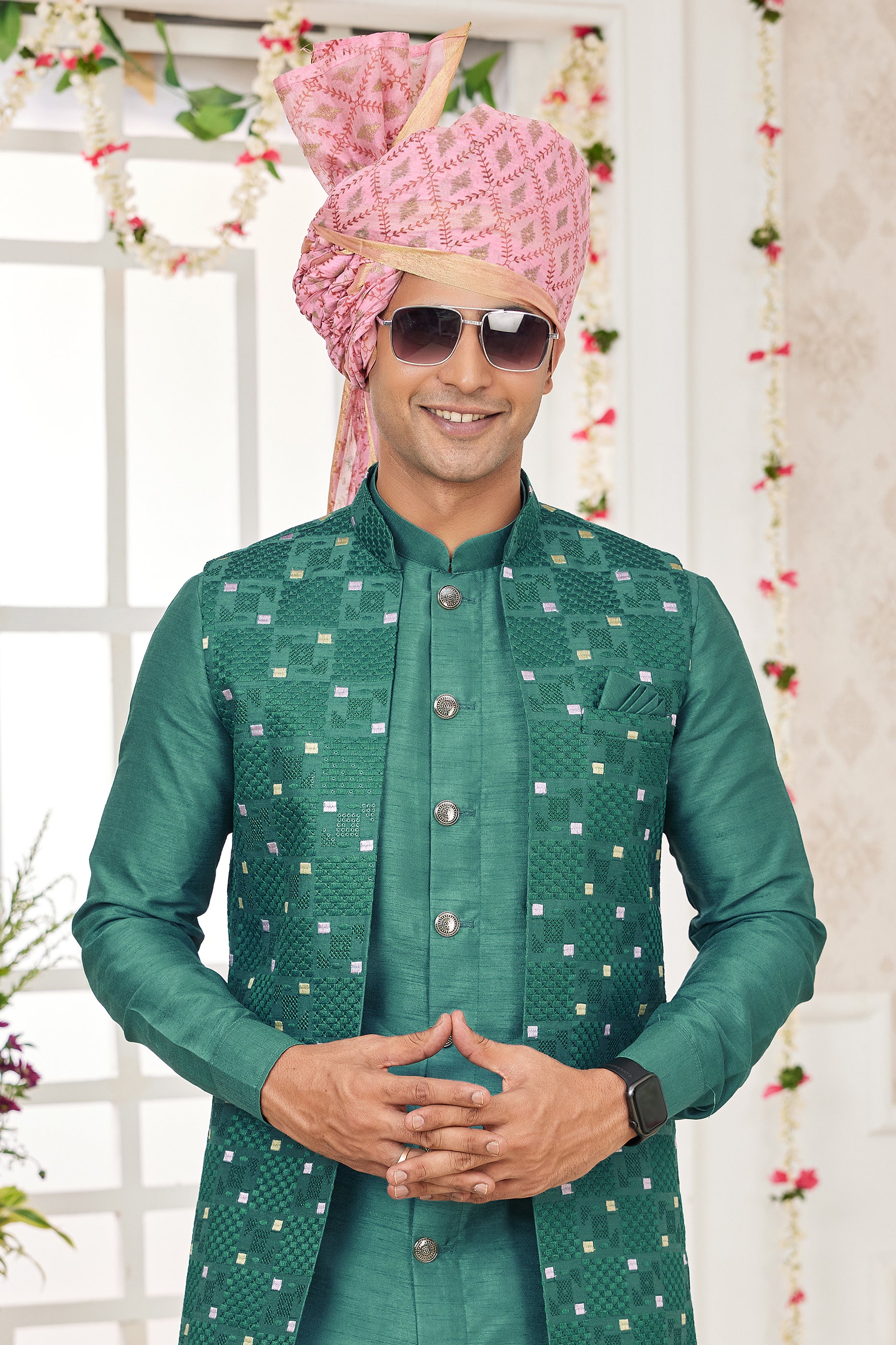 Green Banarasi Silk Kurta Pajama With Jacket-SAR11405_3_SareeButa.com