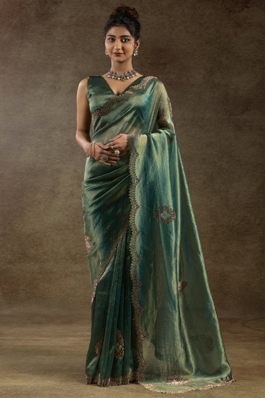 Blue Green Banarasi Silk Stone Work Saree-ZB134506_1_SareeButa.com