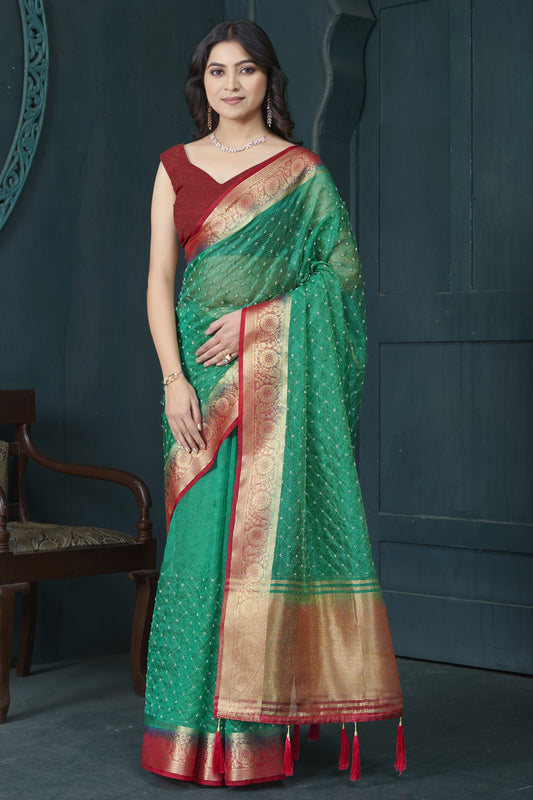 Green Bead Work Jacquard Saree-ZB134213_1_SareeButa.com
