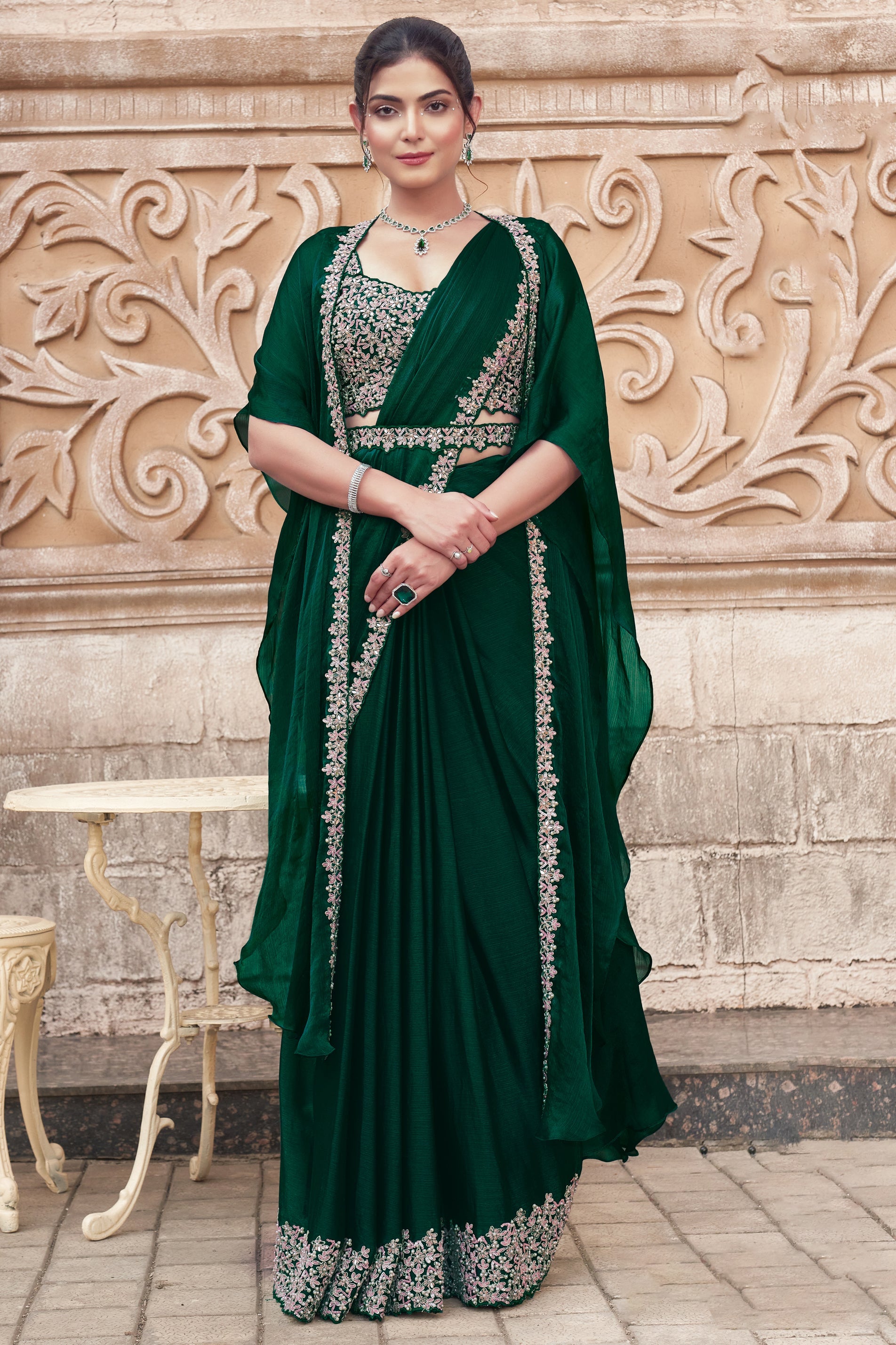 Green Chiffon Readymade Saree with Stitched Blouse-ZB134300_1_SareeButa.com