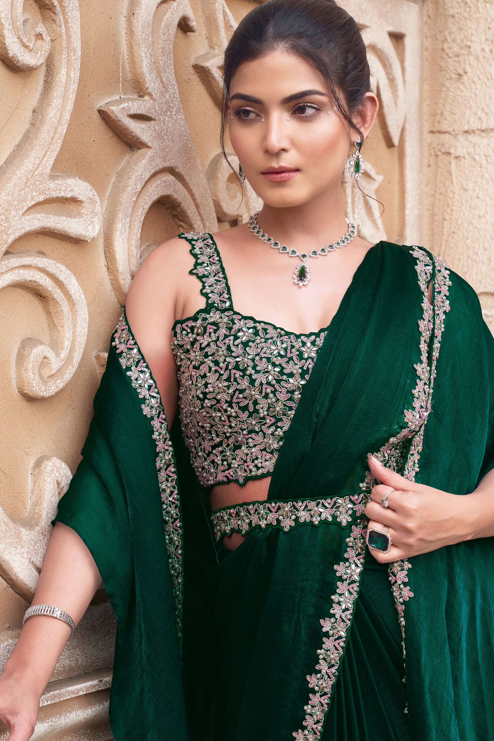 Green Chiffon Readymade Saree with Stitched Blouse-ZB134300_2_SareeButa.com