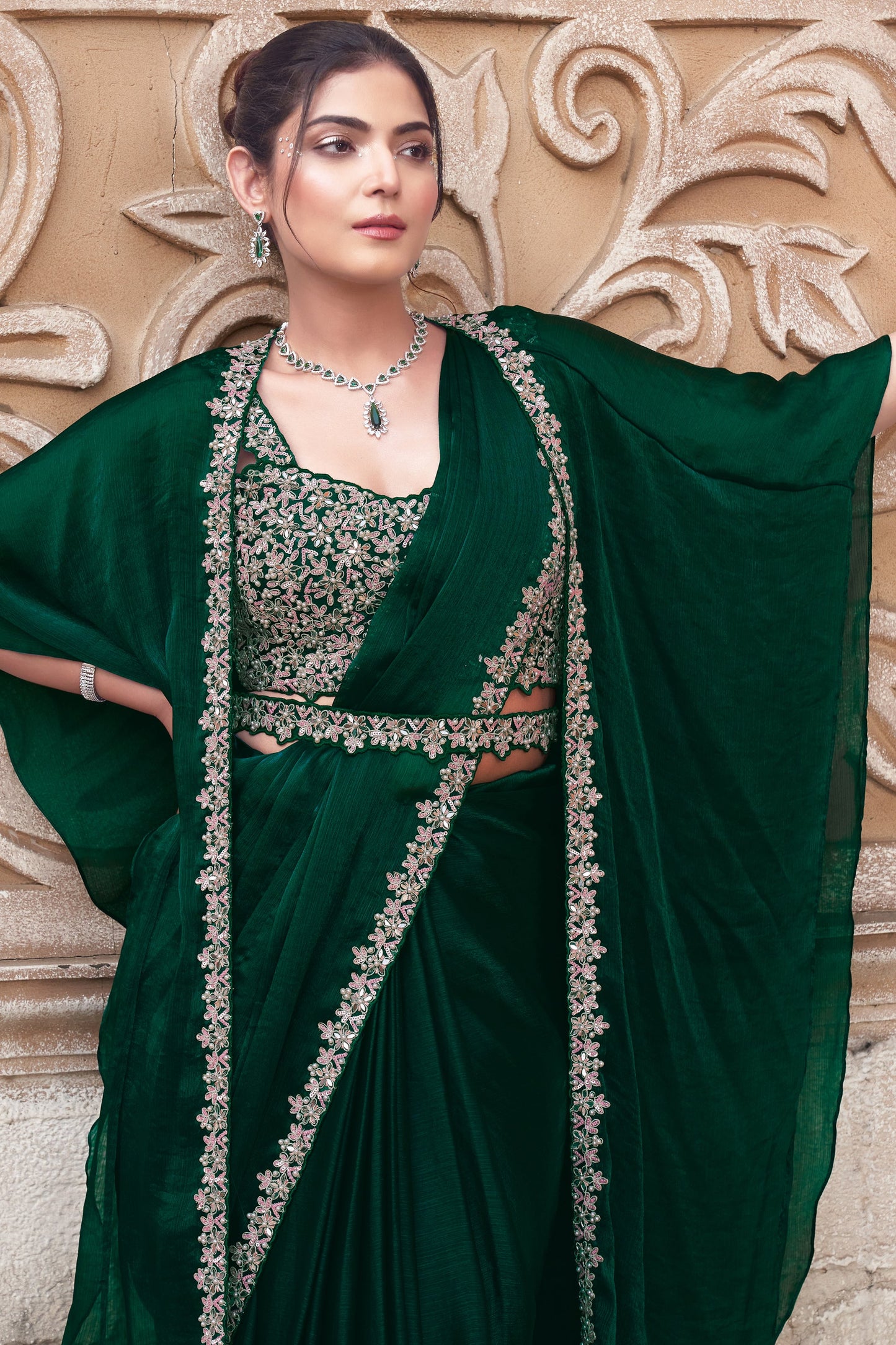 Green Chiffon Readymade Saree with Stitched Blouse-ZB134300_3_SareeButa.com