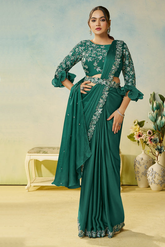 Green Chiffon Satin Silk Readymade Saree-SAR11142_1_SareeButa.com
