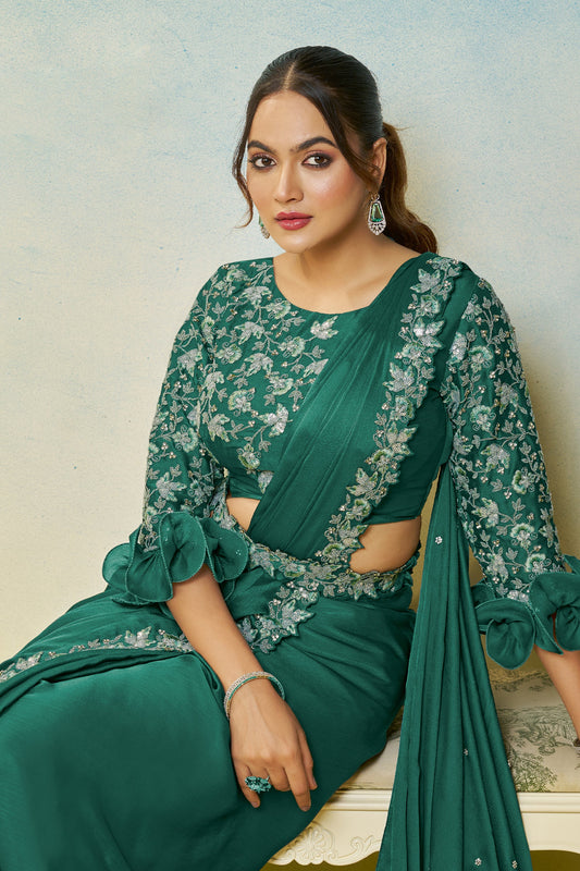 Green Chiffon Satin Silk Readymade Saree-SAR11142_2_SareeButa.com