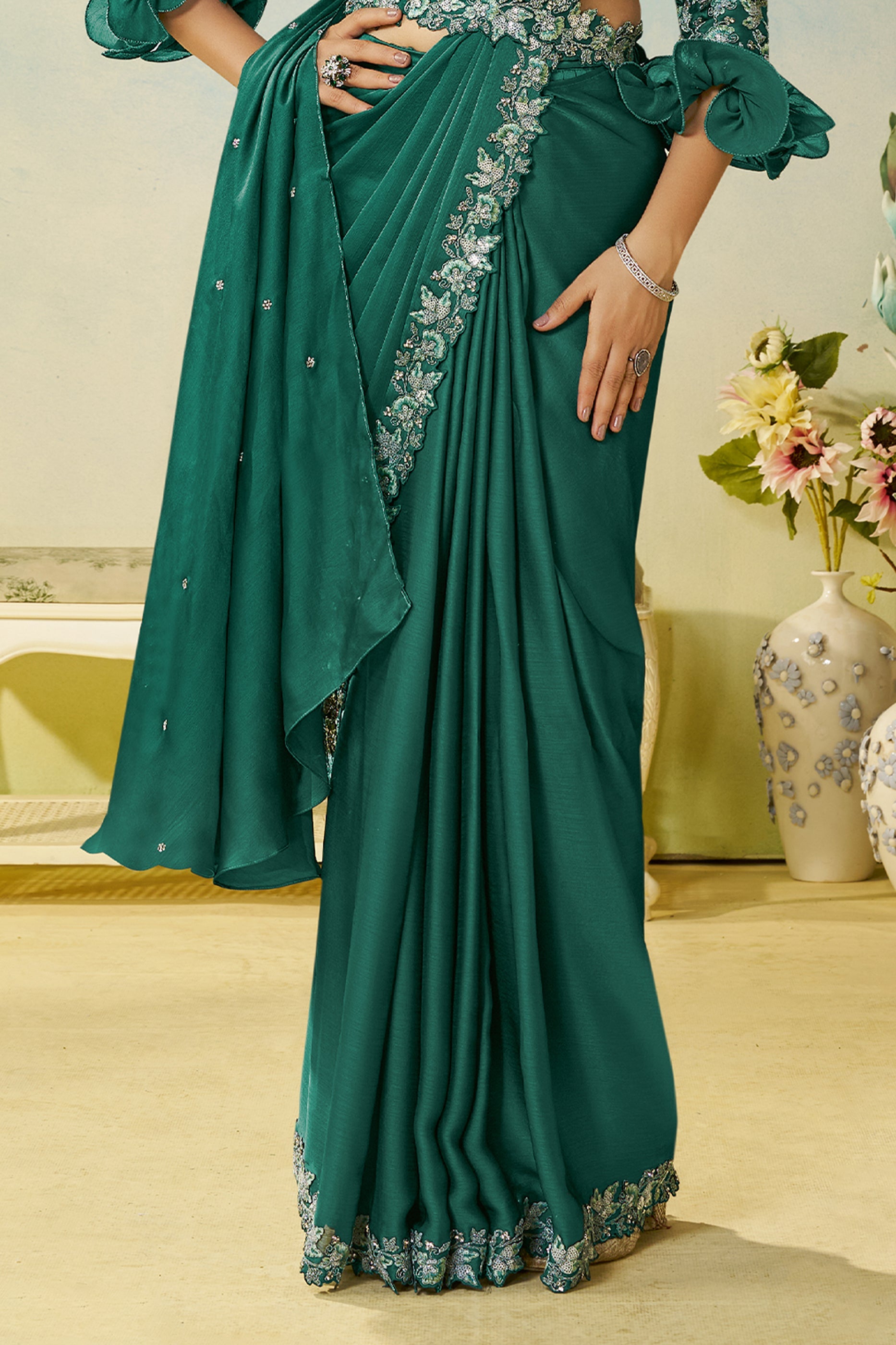 Green Chiffon Satin Silk Readymade Saree-SAR11142_4_SareeButa.com