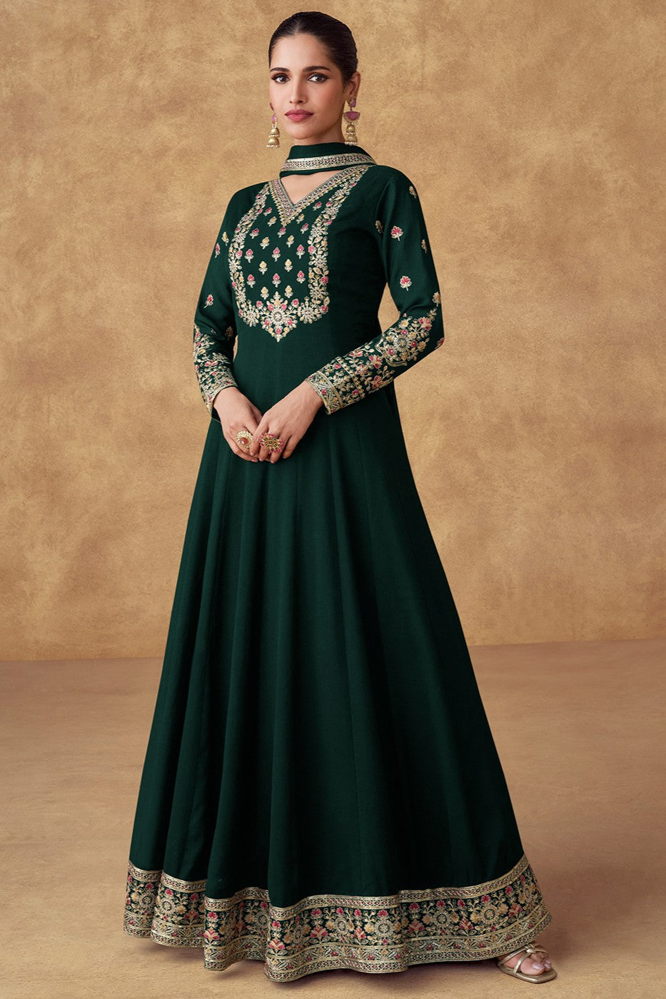 Green Chinon Silk Gown with Dupatta-SS455_1_SareeButa.com