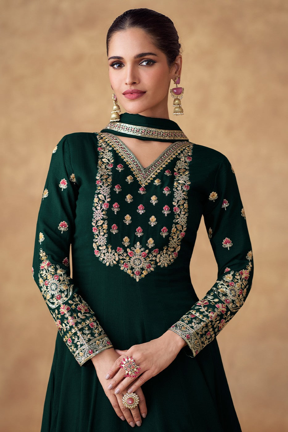 Green Chinon Silk Gown with Dupatta-SS455_2_SareeButa.com