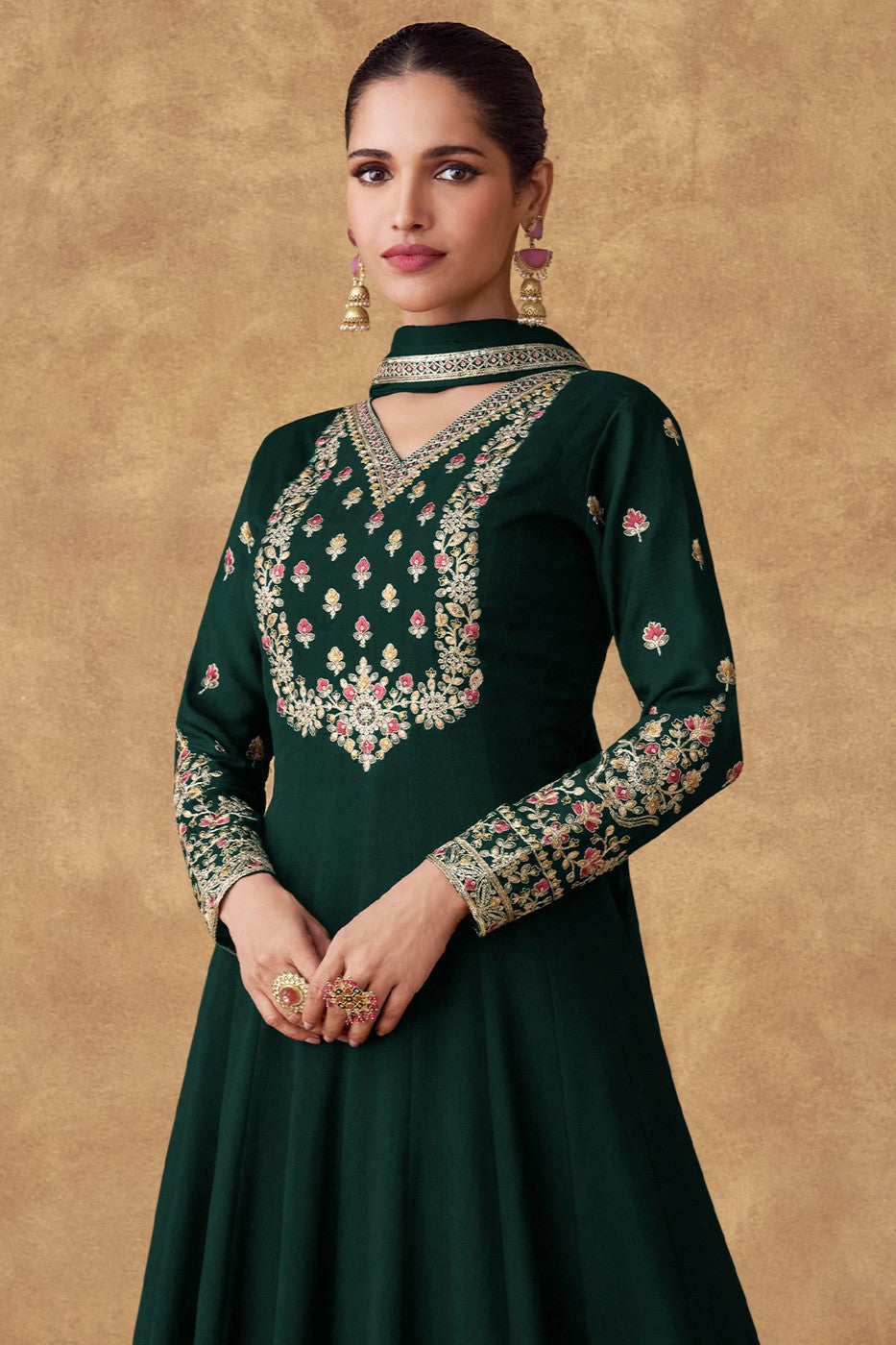Green Chinon Silk Gown with Dupatta-SS455_3_SareeButa.com