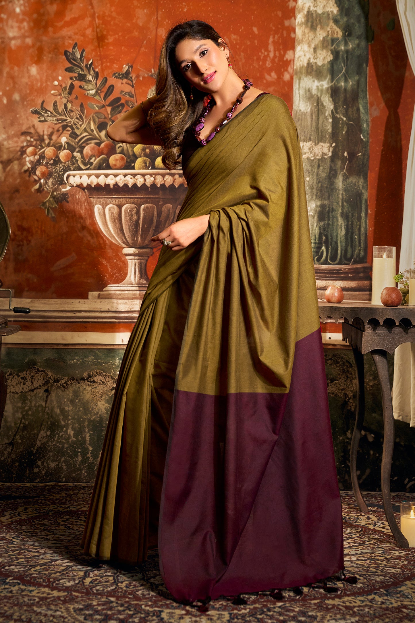Green Cotton Saree with Color Block Pallu-SAR12715_3_SareeButa.com
