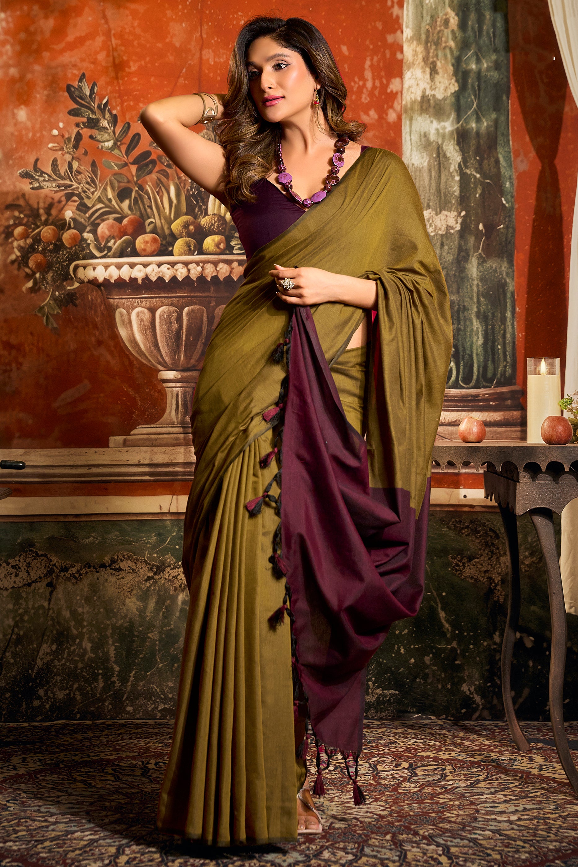 Green Cotton Saree with Color Block Pallu-SAR12715_4_SareeButa.com