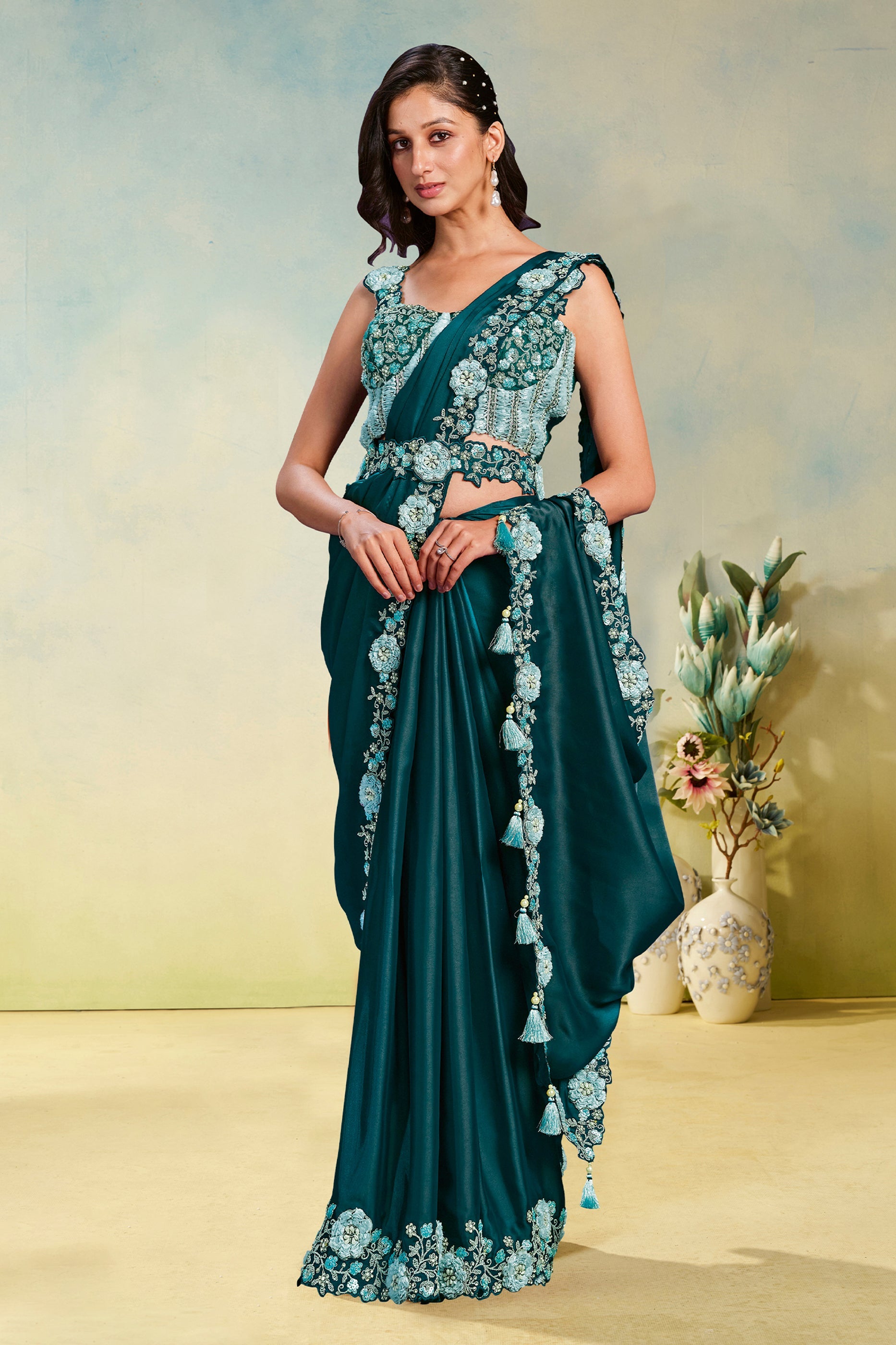 Green Crepe Satin Silk Readymade Saree-SAR11152_1_SareeButa.com
