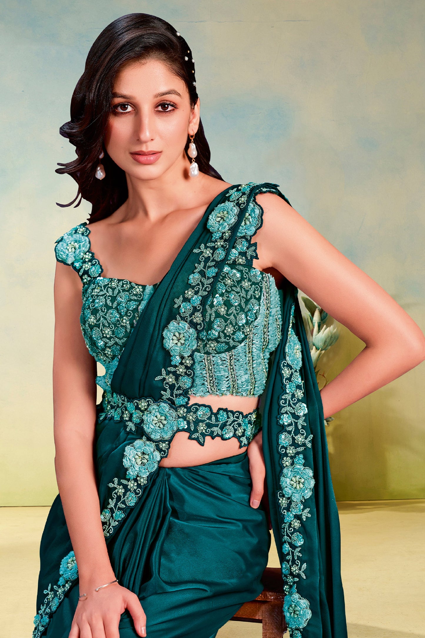 Green Crepe Satin Silk Readymade Saree-SAR11152_2_SareeButa.com