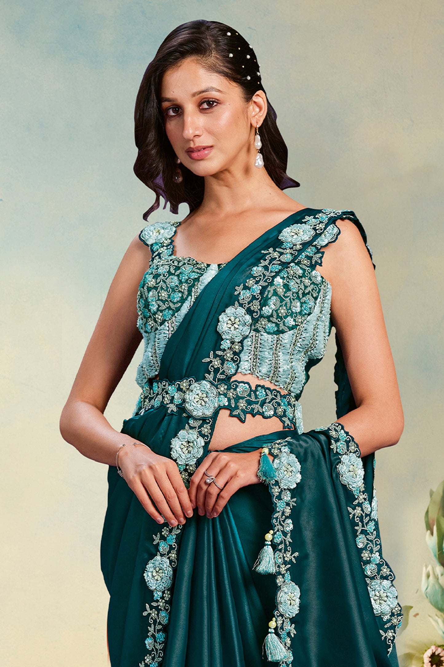 Green Crepe Satin Silk Readymade Saree-SAR11152_3_SareeButa.com