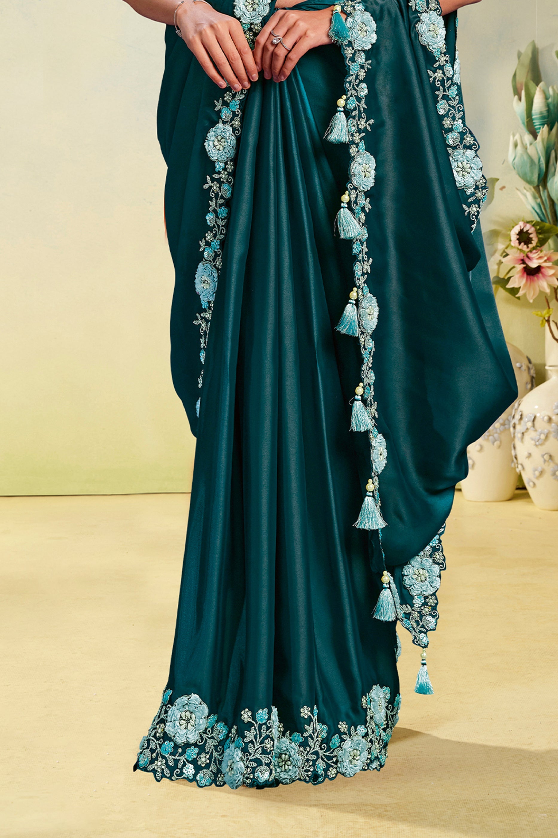 Green Crepe Satin Silk Readymade Saree-SAR11152_4_SareeButa.com