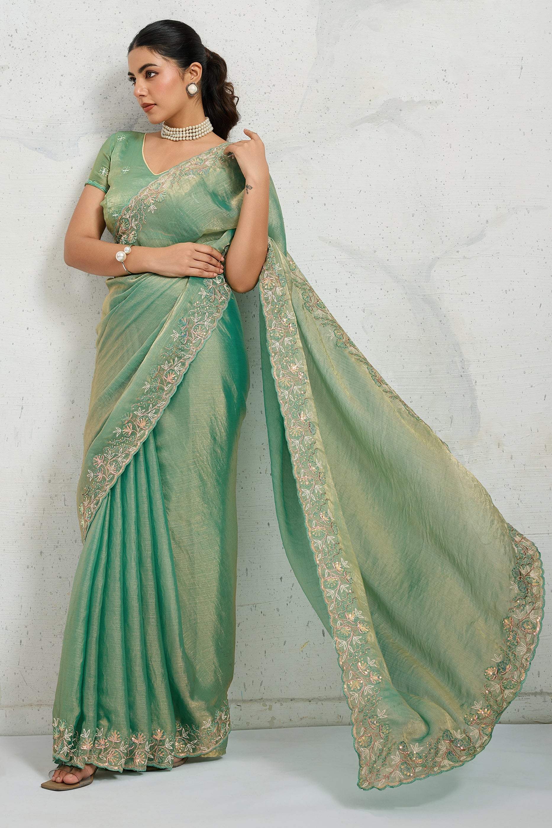 Green Embroidered Chiffon Saree-SAR12507_1_SareeButa.com