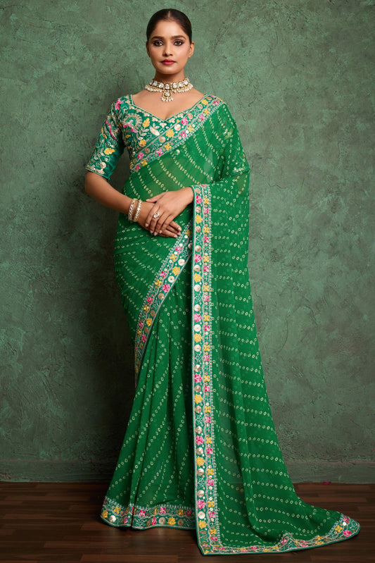 Green Embroidered Georgette Bandhani Saree-ZB134789_1_SareeButa.com