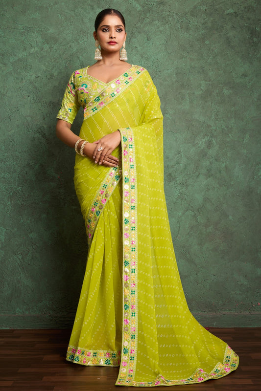 Green Embroidered Georgette Bandhani Saree-ZB134790_1_SareeButa.com