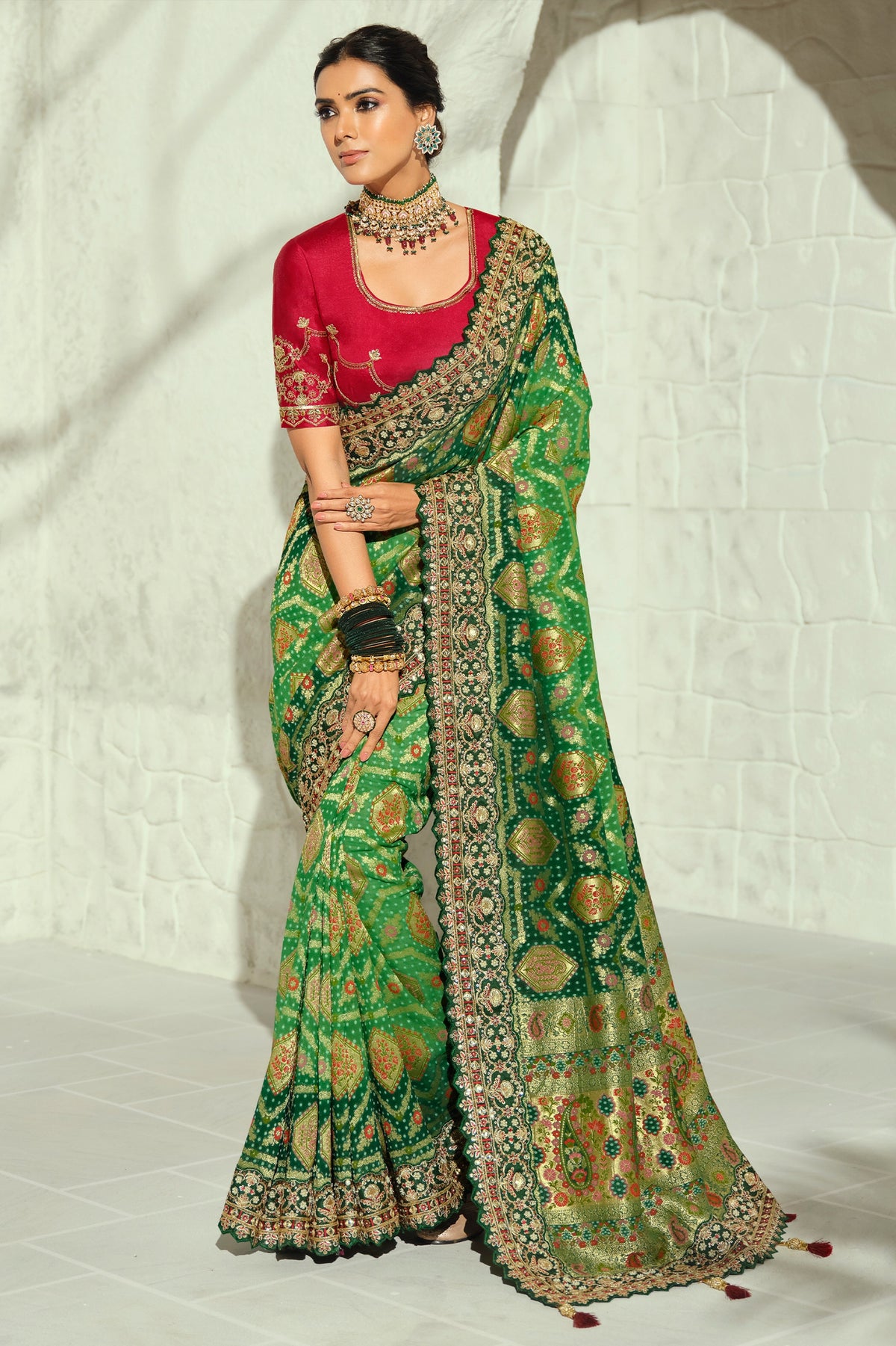 Green Embroidered Georgette Bandhej Saree-SAR13394_1_SareeButa.com