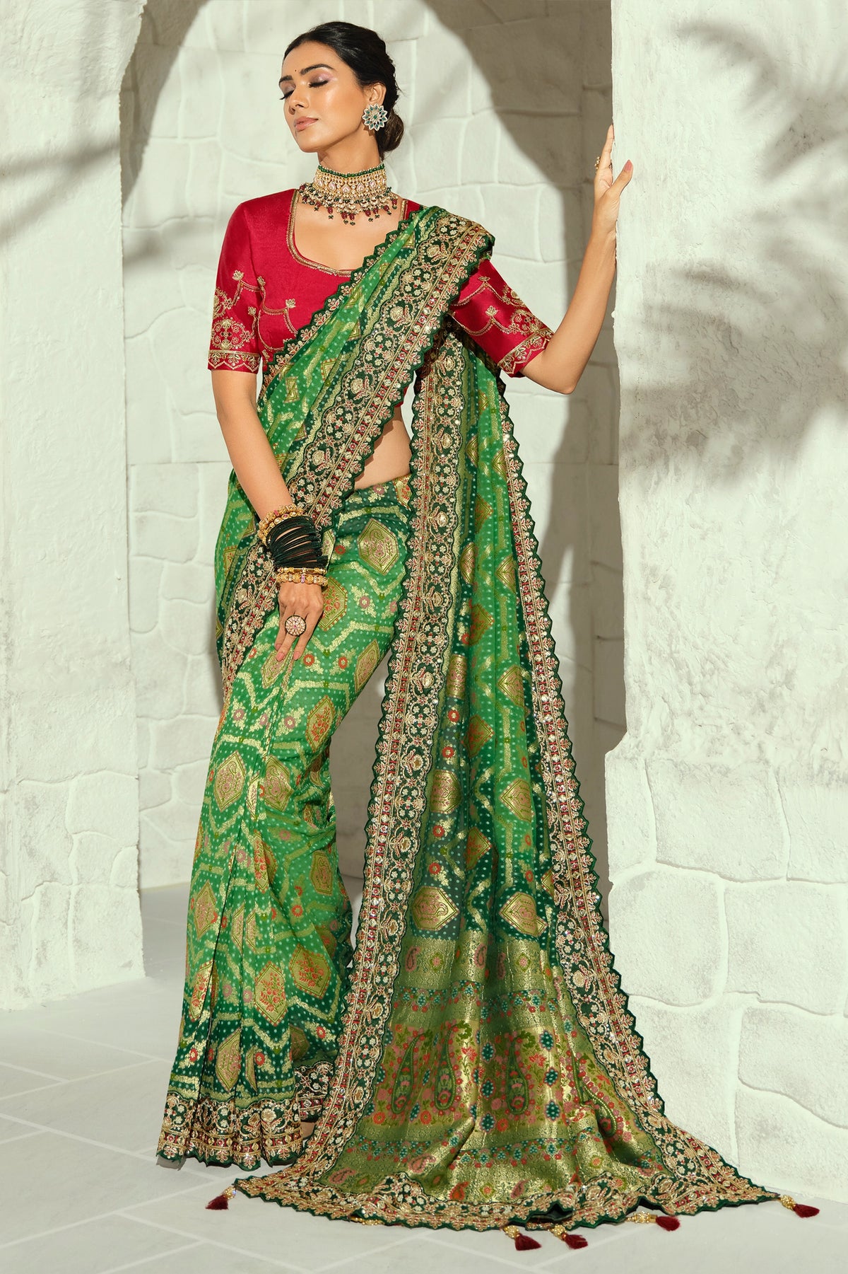 Green Embroidered Georgette Bandhej Saree-SAR13394_3_SareeButa.com