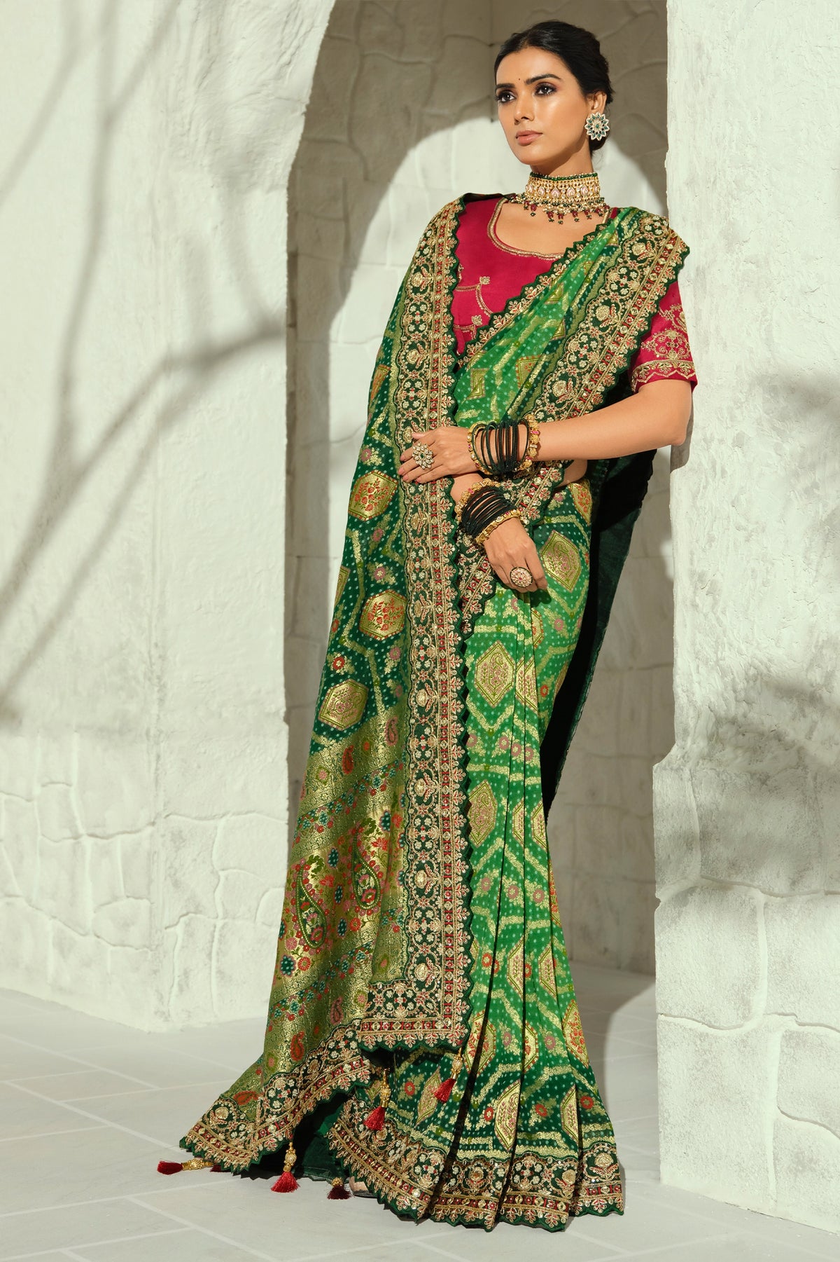 Green Embroidered Georgette Bandhej Saree-SAR13394_4_SareeButa.com