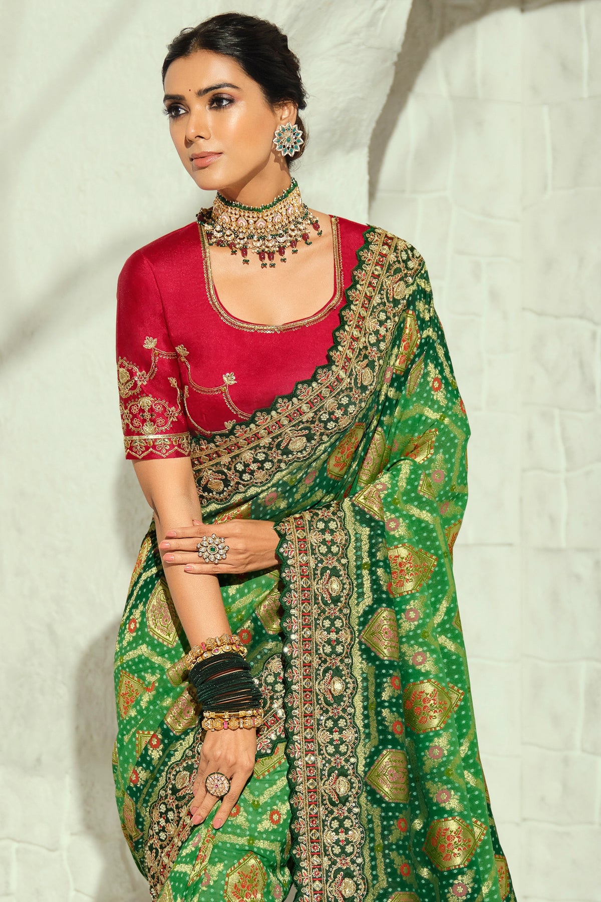 Green Embroidered Georgette Bandhej Saree-SAR13394_5_SareeButa.com