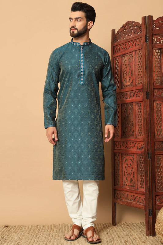 Green Embroidered Jacquard Kurta Pajama-MW3_1_SareeButa.com