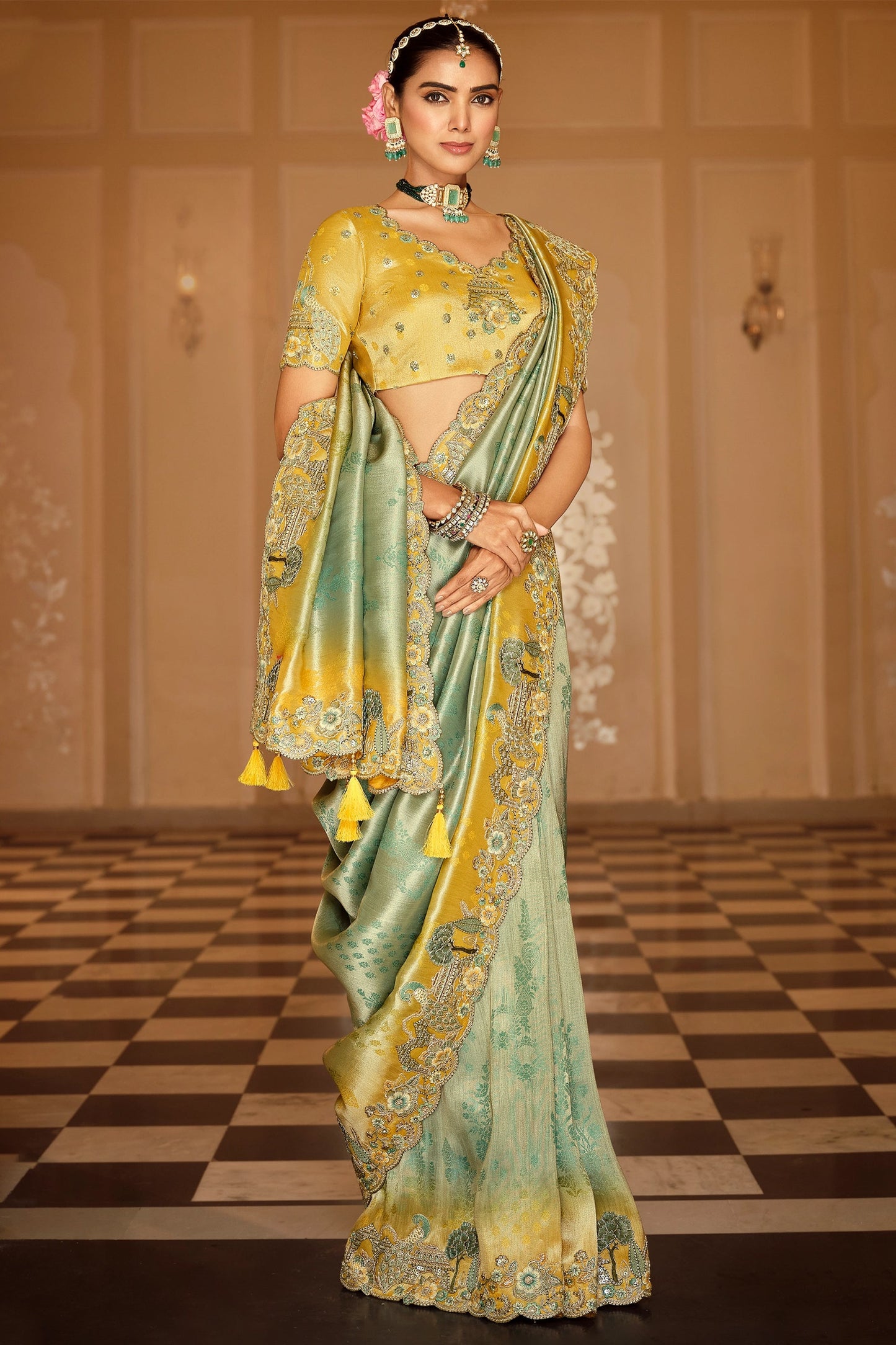 Green Embroidered Jacquard Viscose Silk Saree-SAR10361_1_SareeButa.com