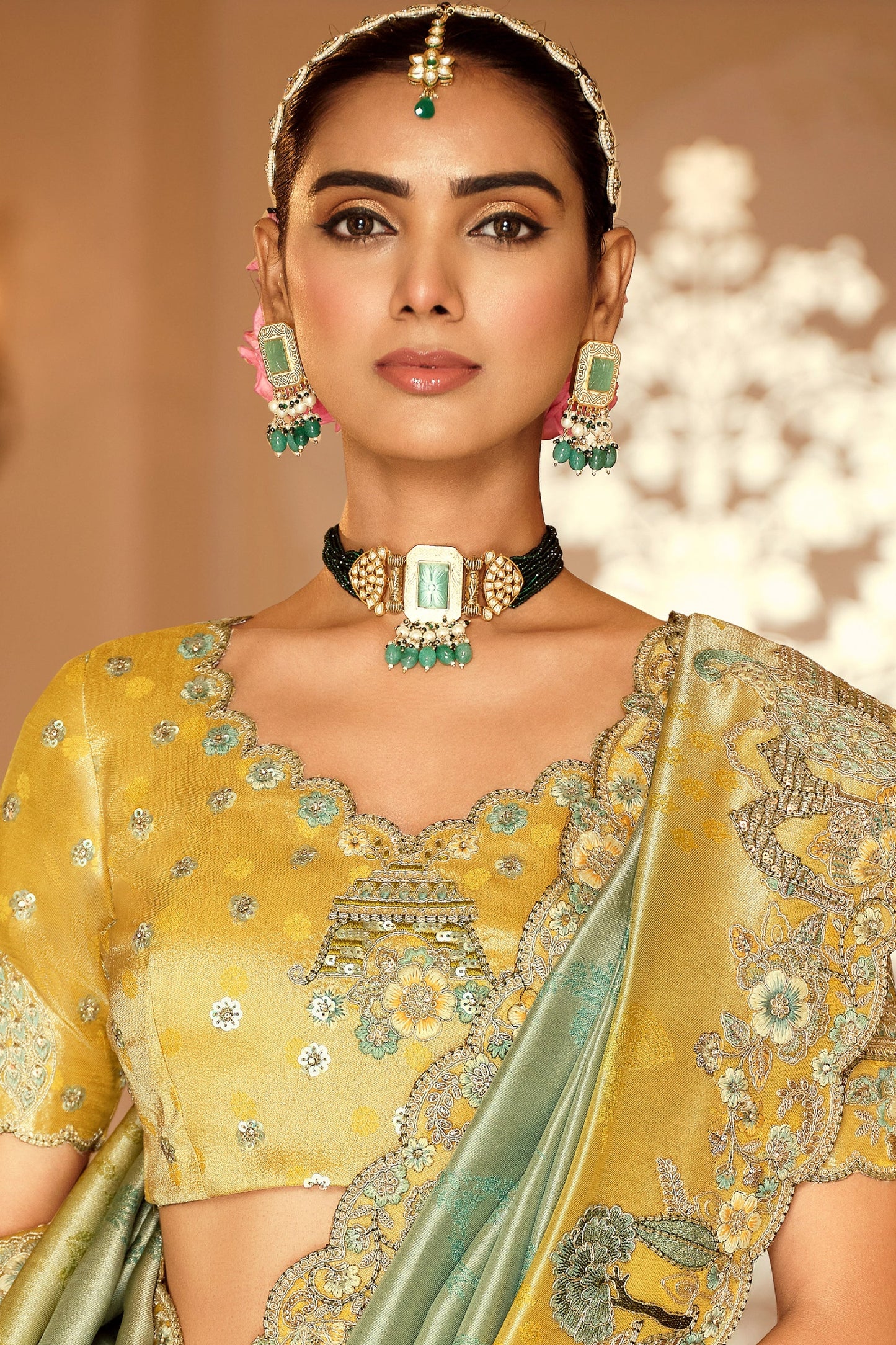 Green Embroidered Jacquard Viscose Silk Saree-SAR10361_2_SareeButa.com