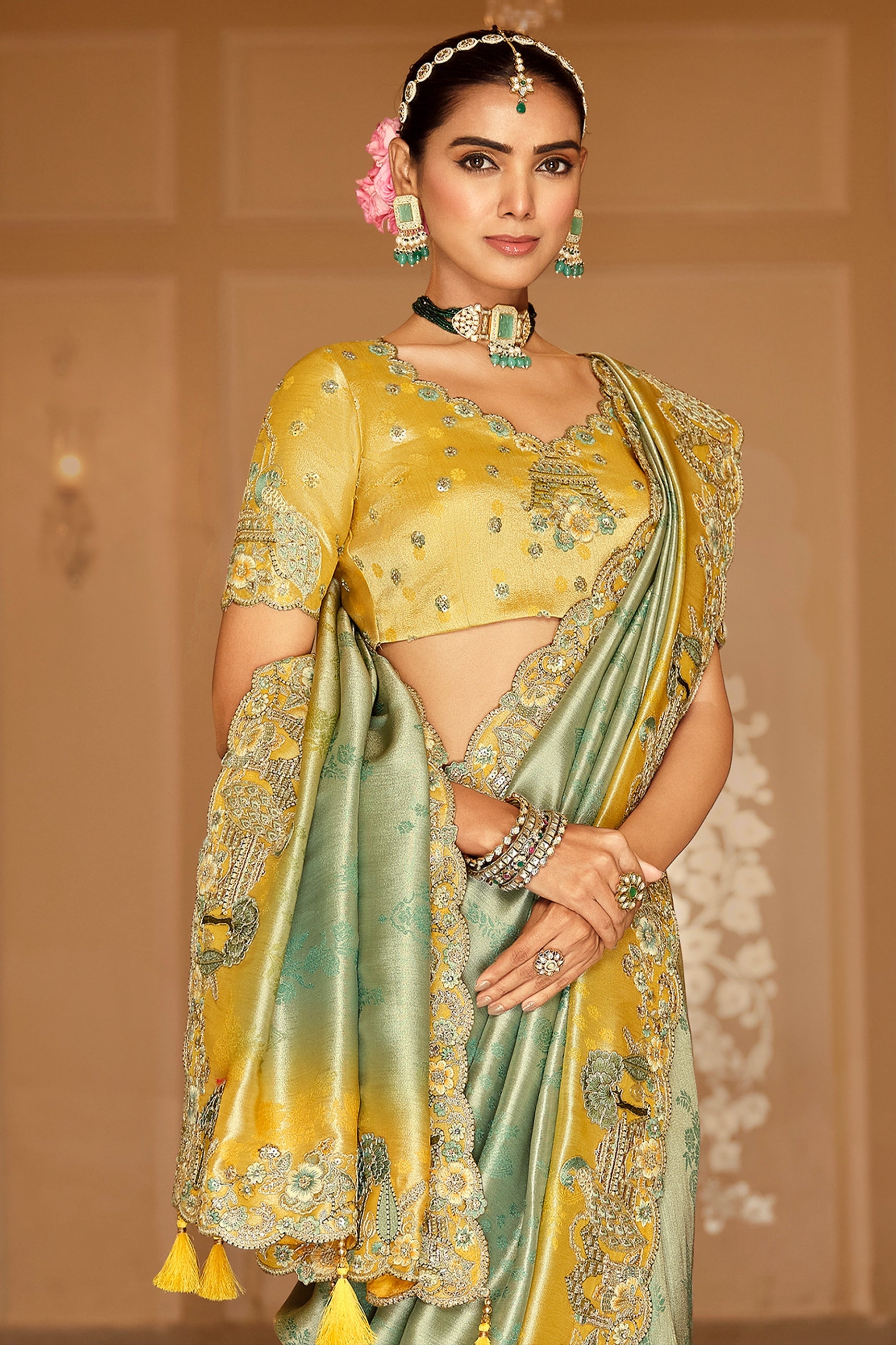 Green Embroidered Jacquard Viscose Silk Saree-SAR10361_3_SareeButa.com