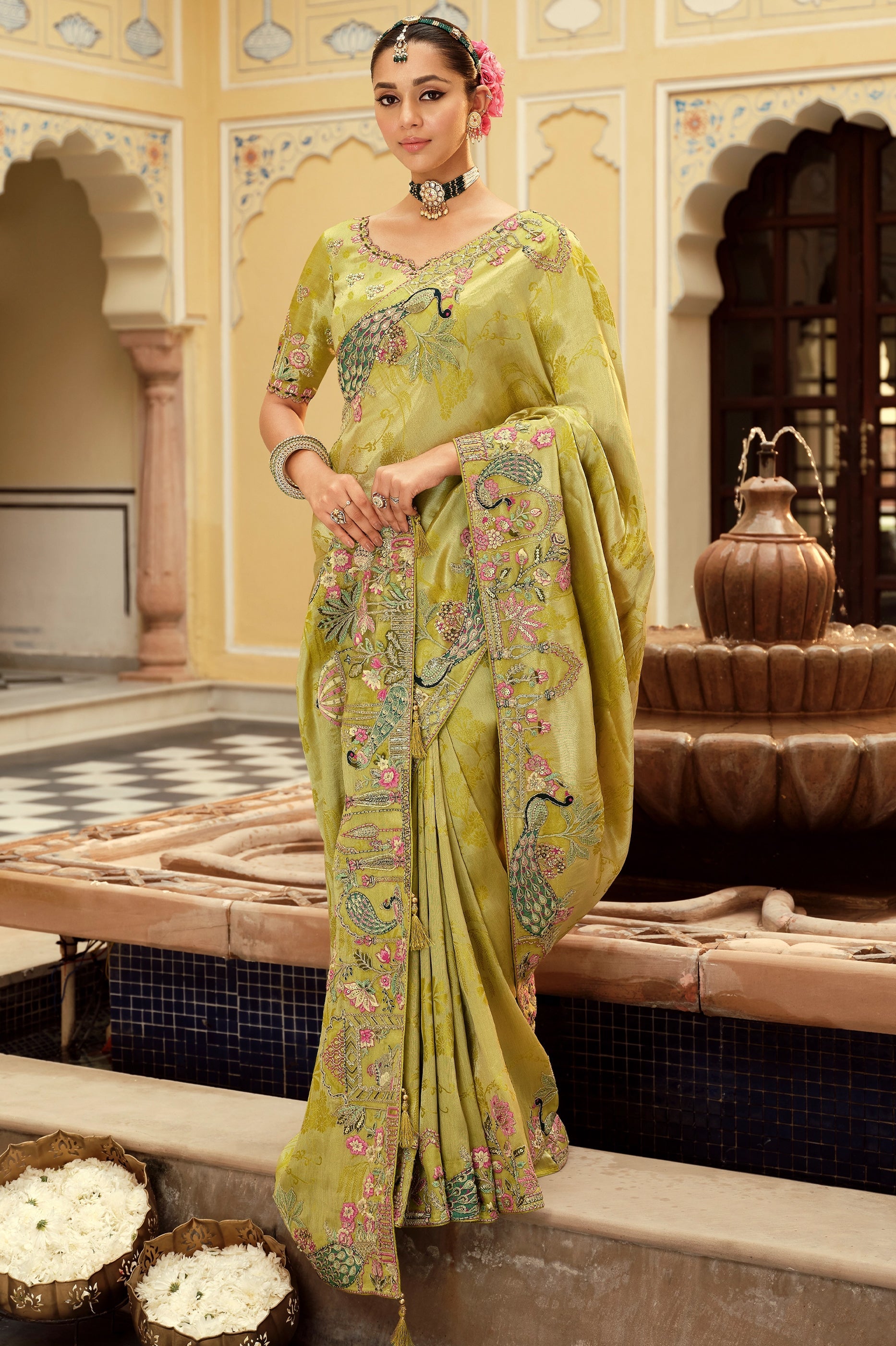 Green Embroidered Jacquard Viscose Silk Saree-SAR10367_1_SareeButa.com