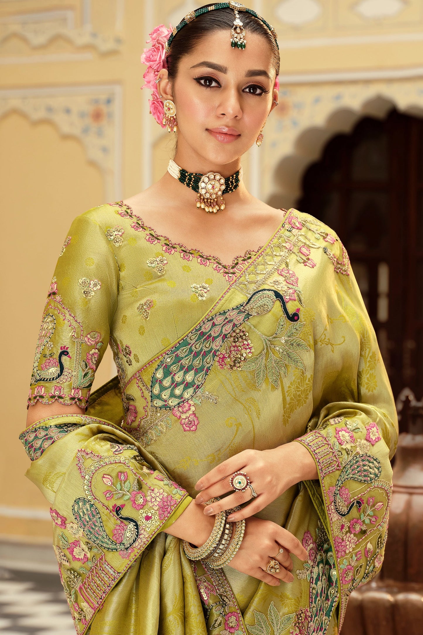 Green Embroidered Jacquard Viscose Silk Saree-SAR10367_2_SareeButa.com