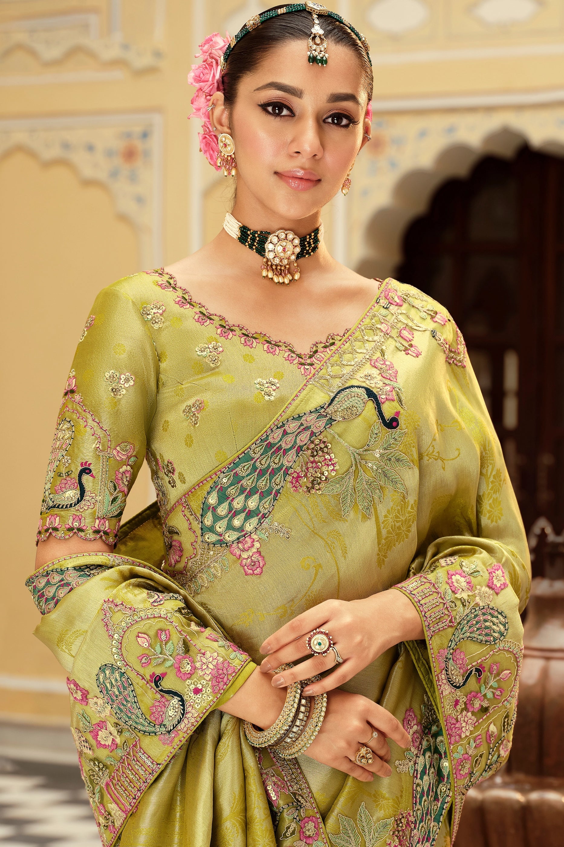 Green Embroidered Jacquard Viscose Silk Saree-SAR10367_2_SareeButa.com