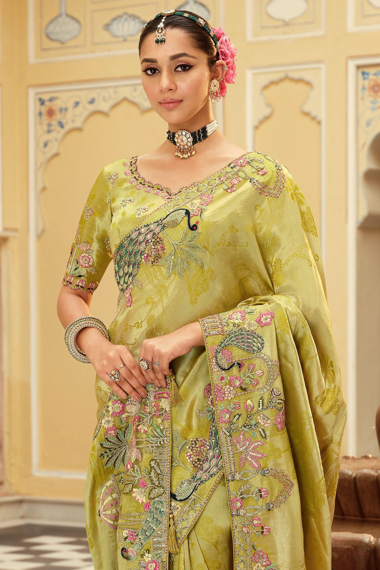 Green Embroidered Jacquard Viscose Silk Saree-SAR10367_3_SareeButa.com