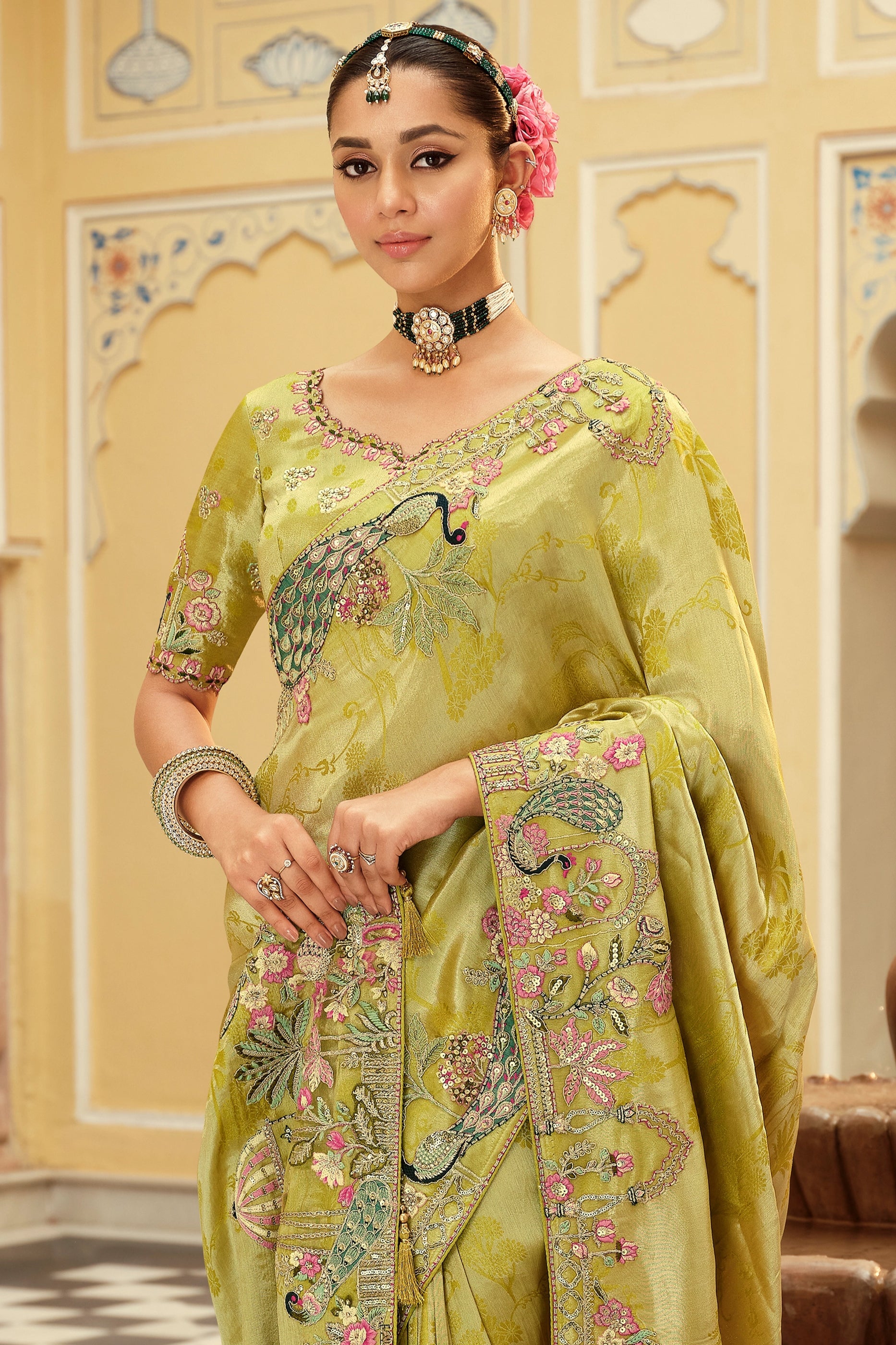 Green Embroidered Jacquard Viscose Silk Saree-SAR10367_3_SareeButa.com