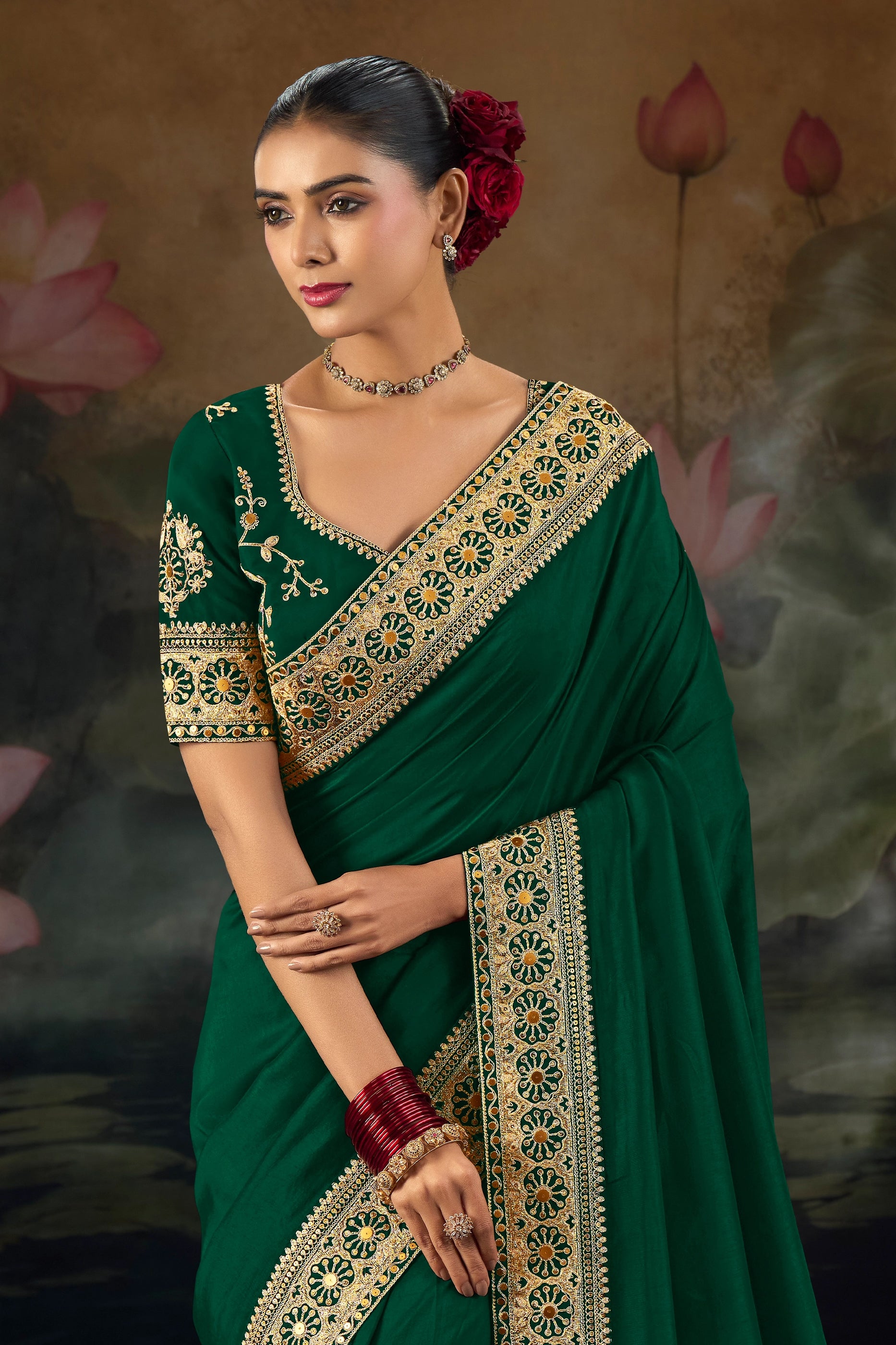 Green Embroidered Munga Silk Saree-SAR12284_2_SareeButa.com