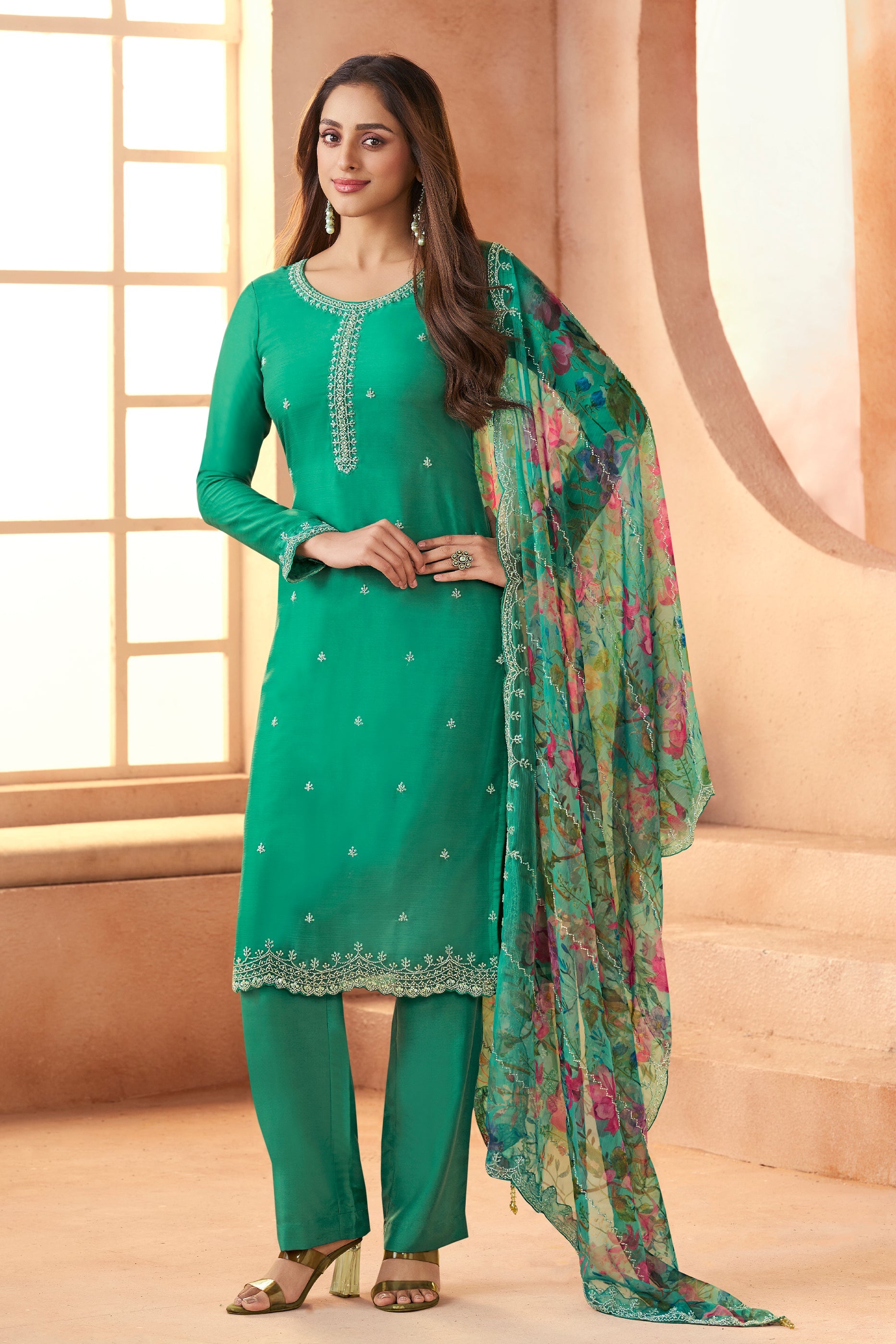 Green Embroidered Organza Chiffon Suit-SAR11503_1_SareeButa.com